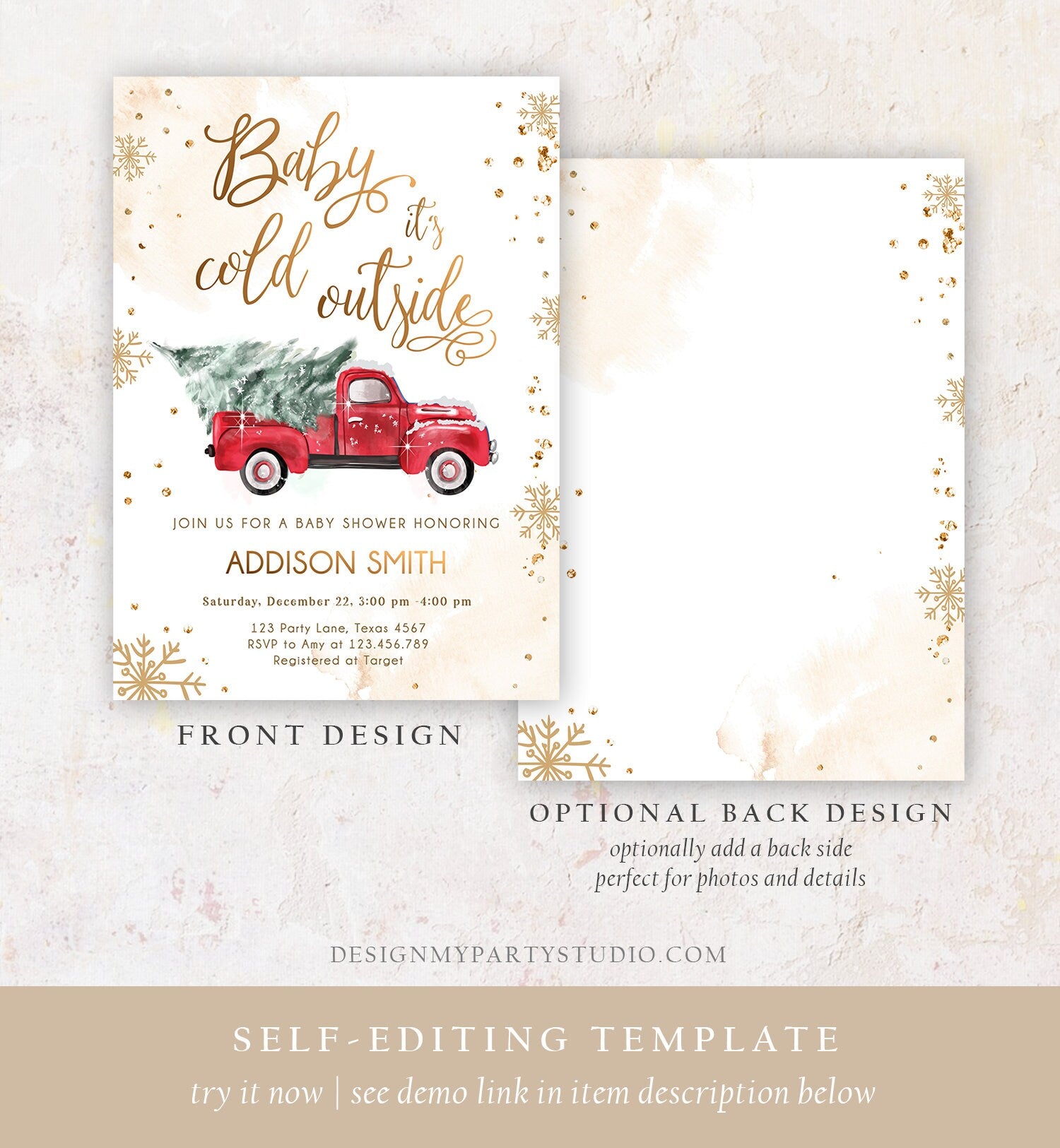 Editable Baby Its Cold Outside Baby Shower Invitation Winter Truck Red Gender Neutral Baby Shower Gold Tree Download Template Printable 0495