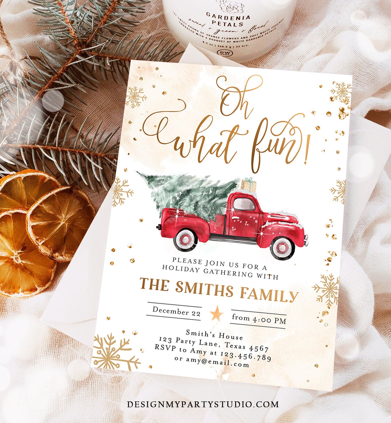 Editable Oh What Fun! Holiday Party Christmas Party Invitation Red Truck Tree Winter Birthday Personalized Printable Template Corjl 0495