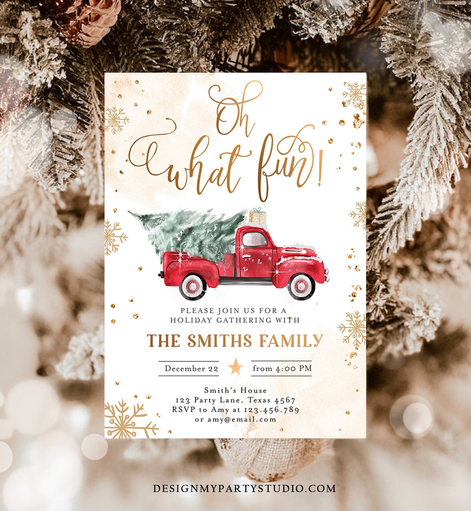 Editable Oh What Fun! Holiday Party Christmas Party Invitation Red Truck Tree Winter Birthday Personalized Printable Template Corjl 0495