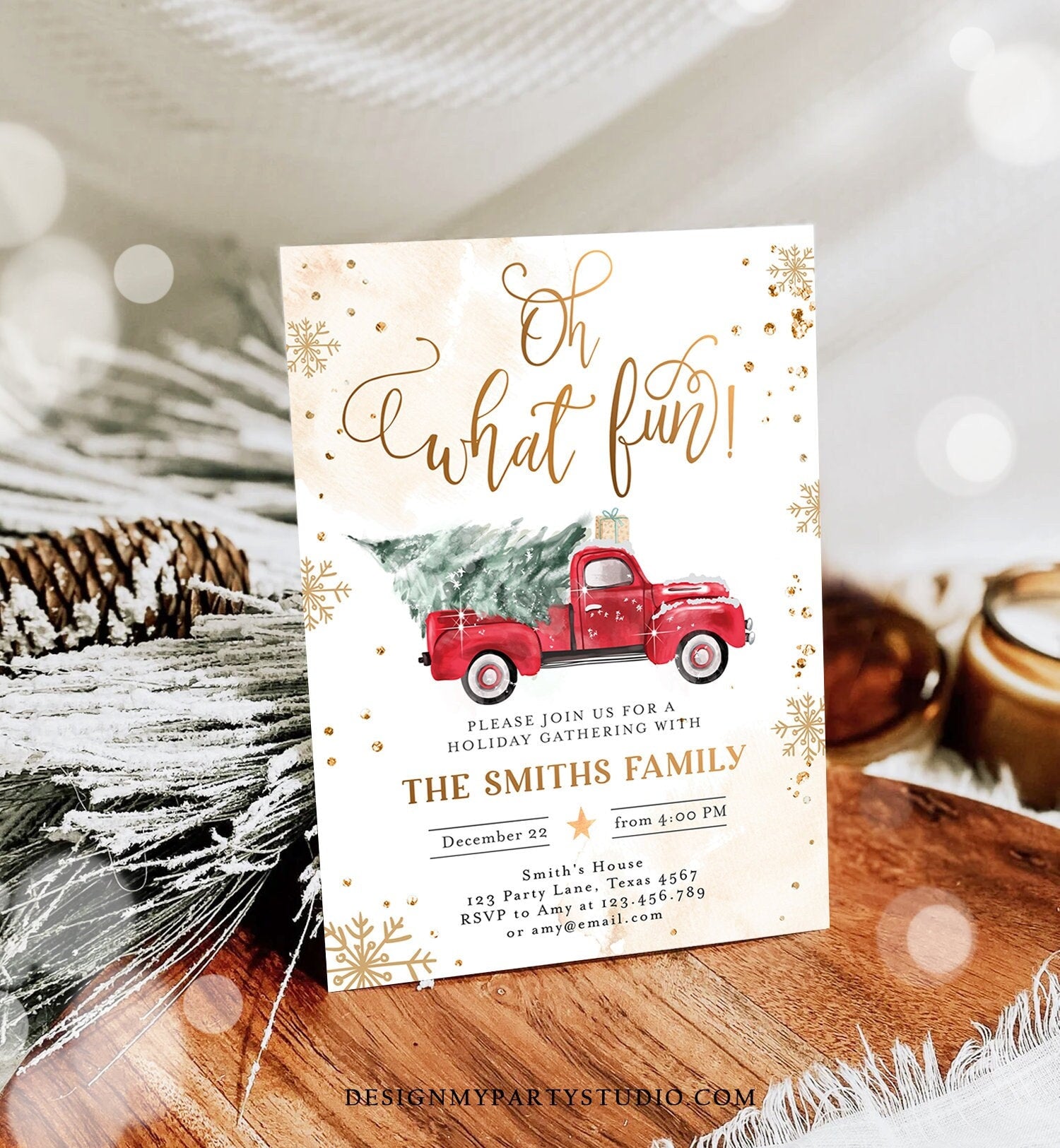 Editable Oh What Fun! Holiday Party Christmas Party Invitation Red Truck Tree Winter Birthday Personalized Printable Template Corjl 0495