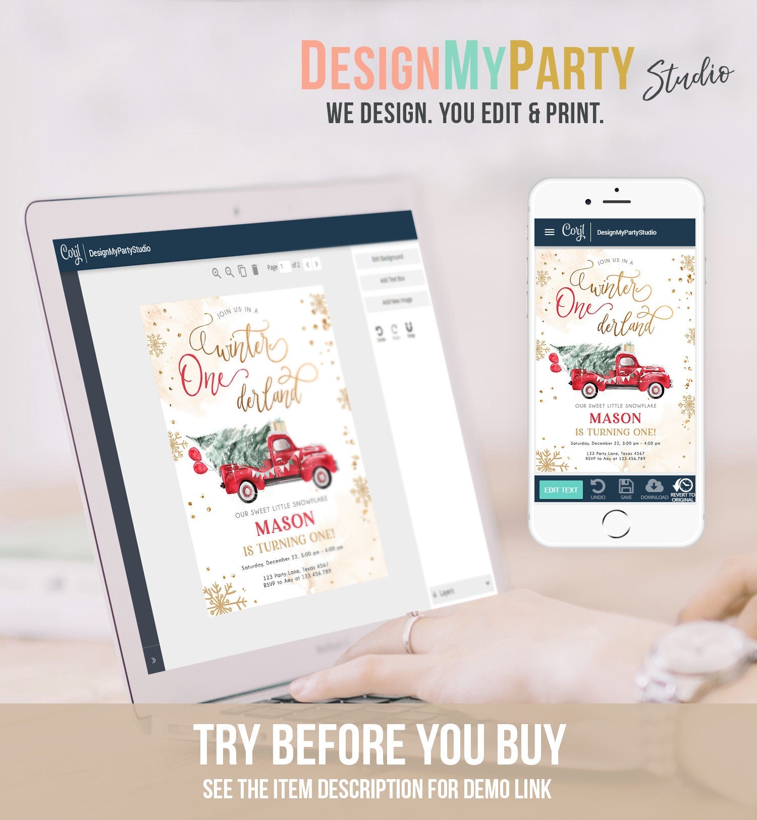 Editable Winter Onederland First Birthday Invitation Red Truck Christmas Winter Gold Boy Minimalist Digital Download Template Printable 0495