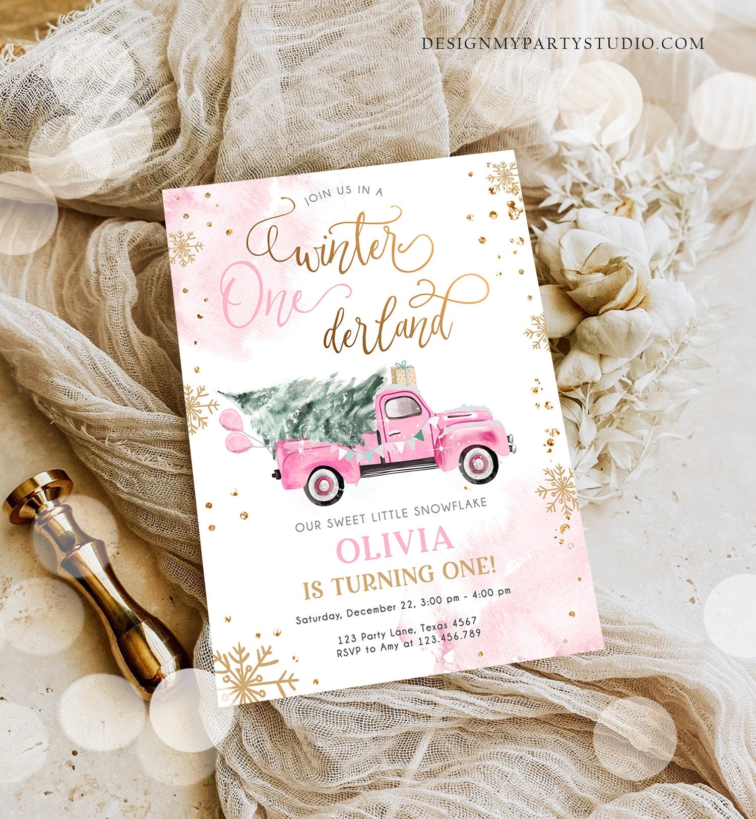 Editable Winter Onederland Winter First Birthday Invitation Christmas Winter Gold Pink Truck Girl Digital Download Template Printable 0495