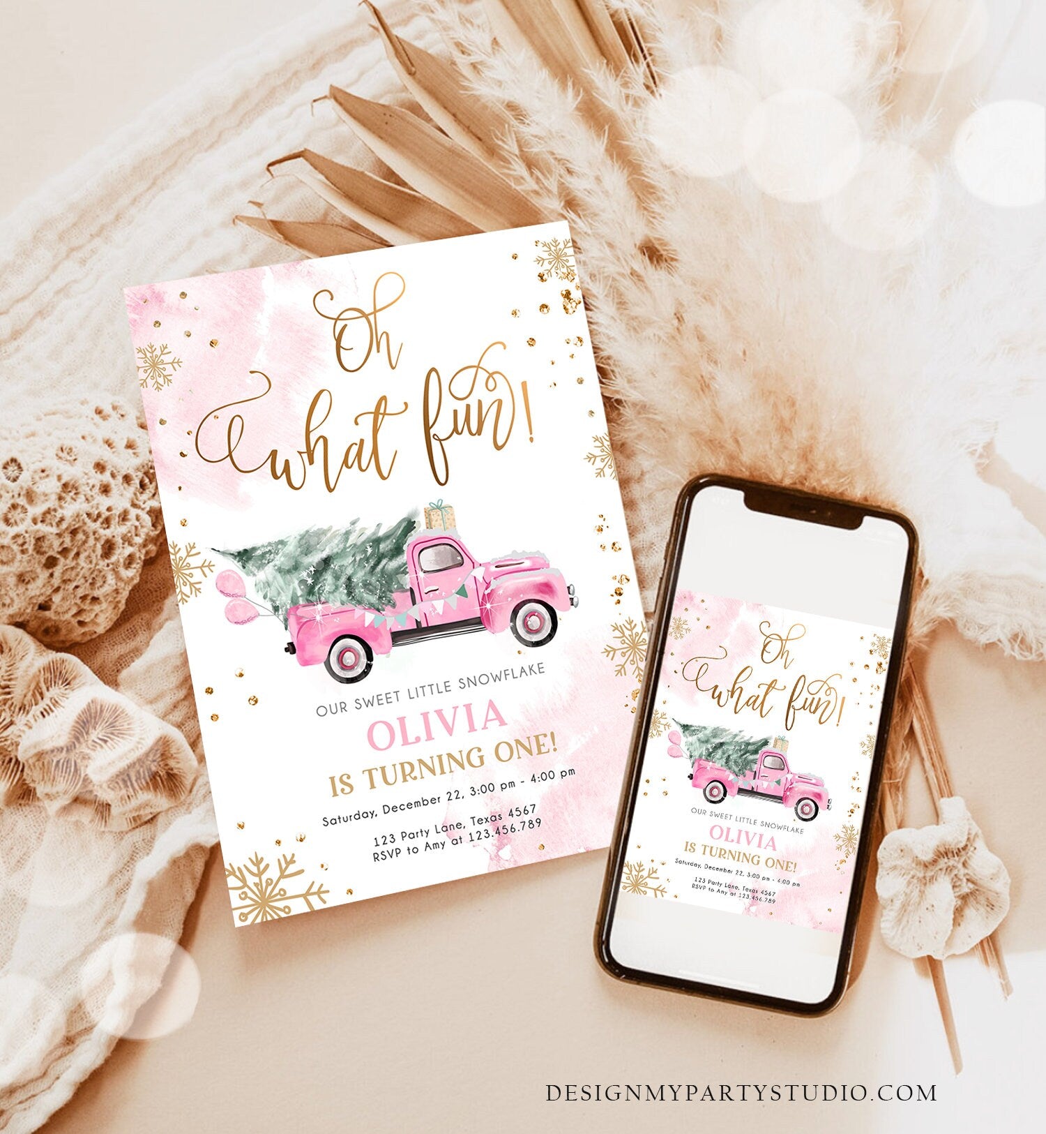 Editable Oh What Fun! Holiday 1st Winter Birthday Invitation Winter Truck Girl Christmas Party Pink Gold Digital Template Printable 0495