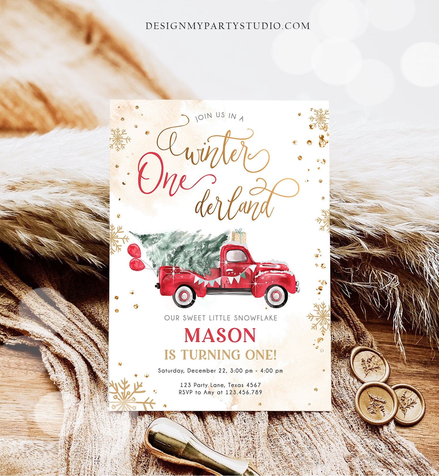 Editable Winter Onederland First Birthday Invitation Red Truck Christmas Winter Gold Boy Minimalist Digital Download Template Printable 0495