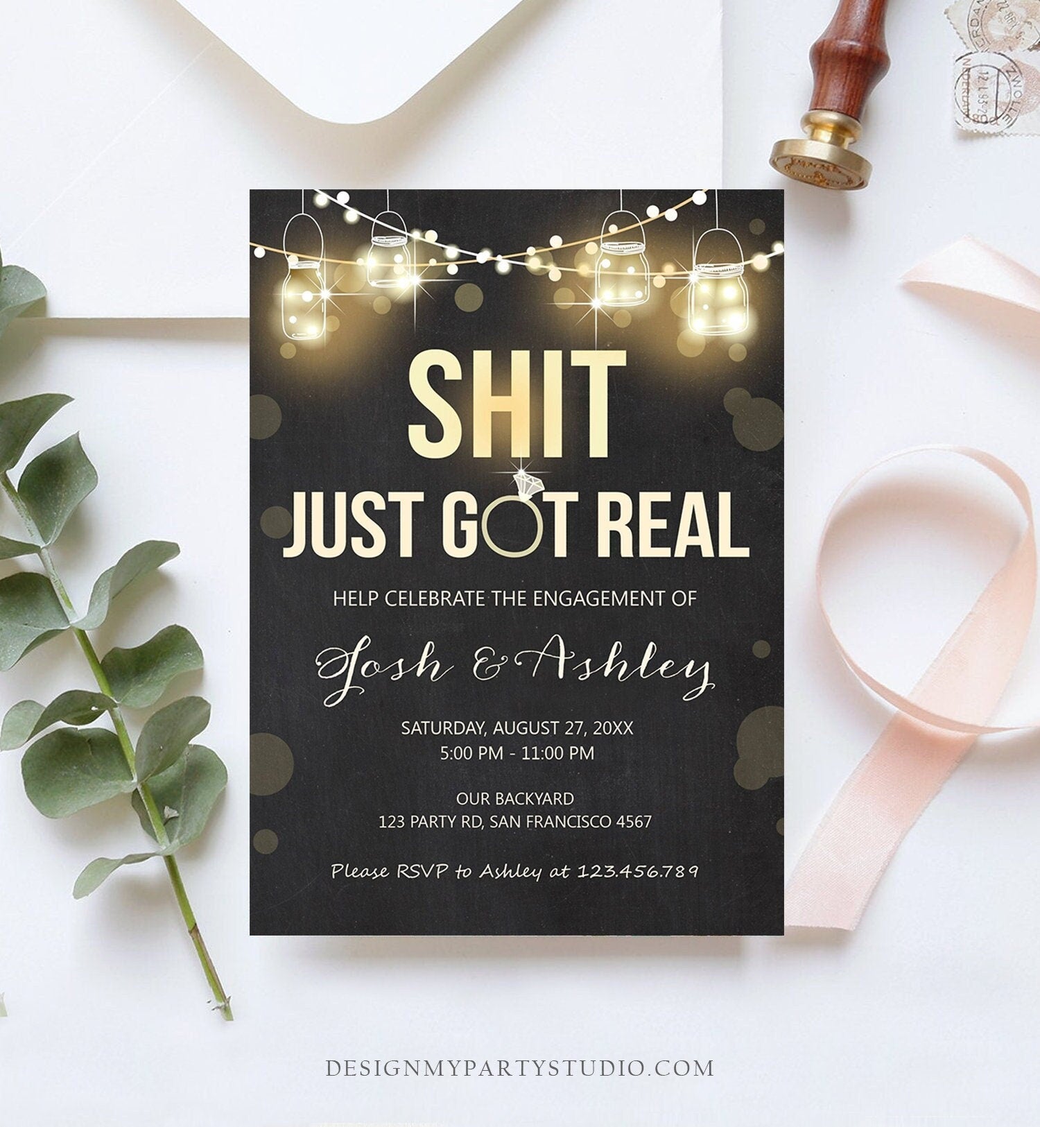 Editable Just Got Real Engagement Party Invitation Couples Shower Rustic Wood String Lights Chalk Download Corjl Template Printable 0015
