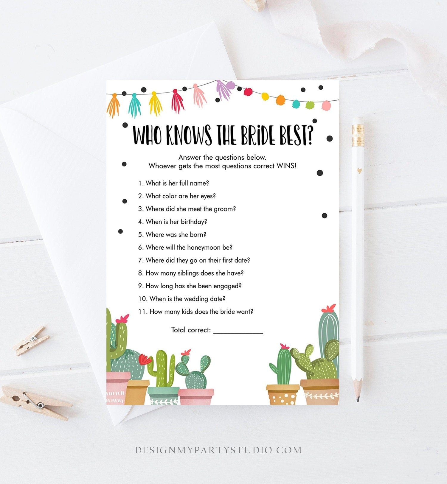 Editable Who Knows the Bride Best Bridal Shower Game Cactus Fiesta Mexican Coed Shower Game Wedding Activity Digital Template Printable 0254