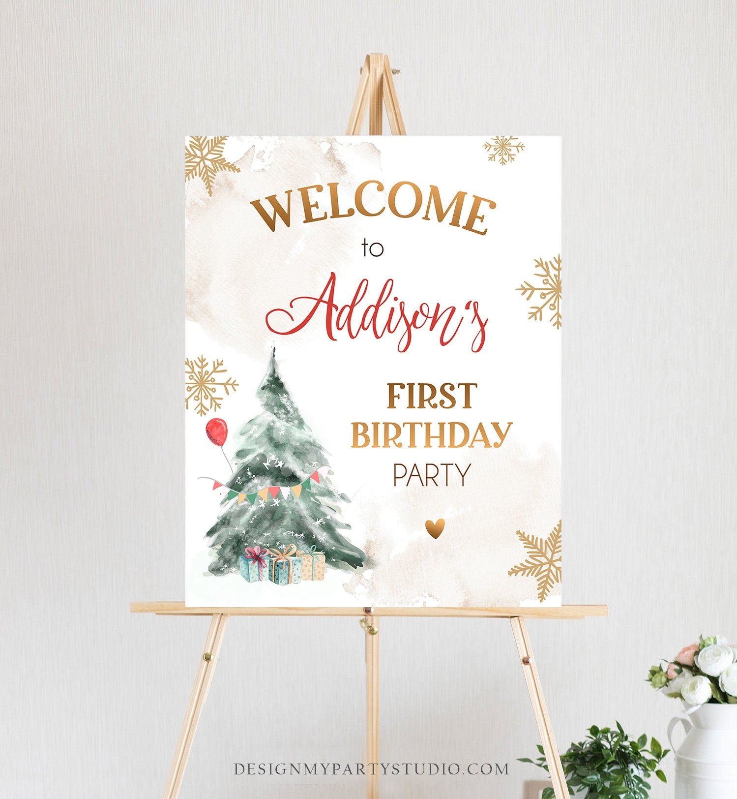Editable Winter Onederland Welcome Sign Christmas Tree Watercolor First Birthday Neutral Red Gold Snowflake Digital Template Printable 0363