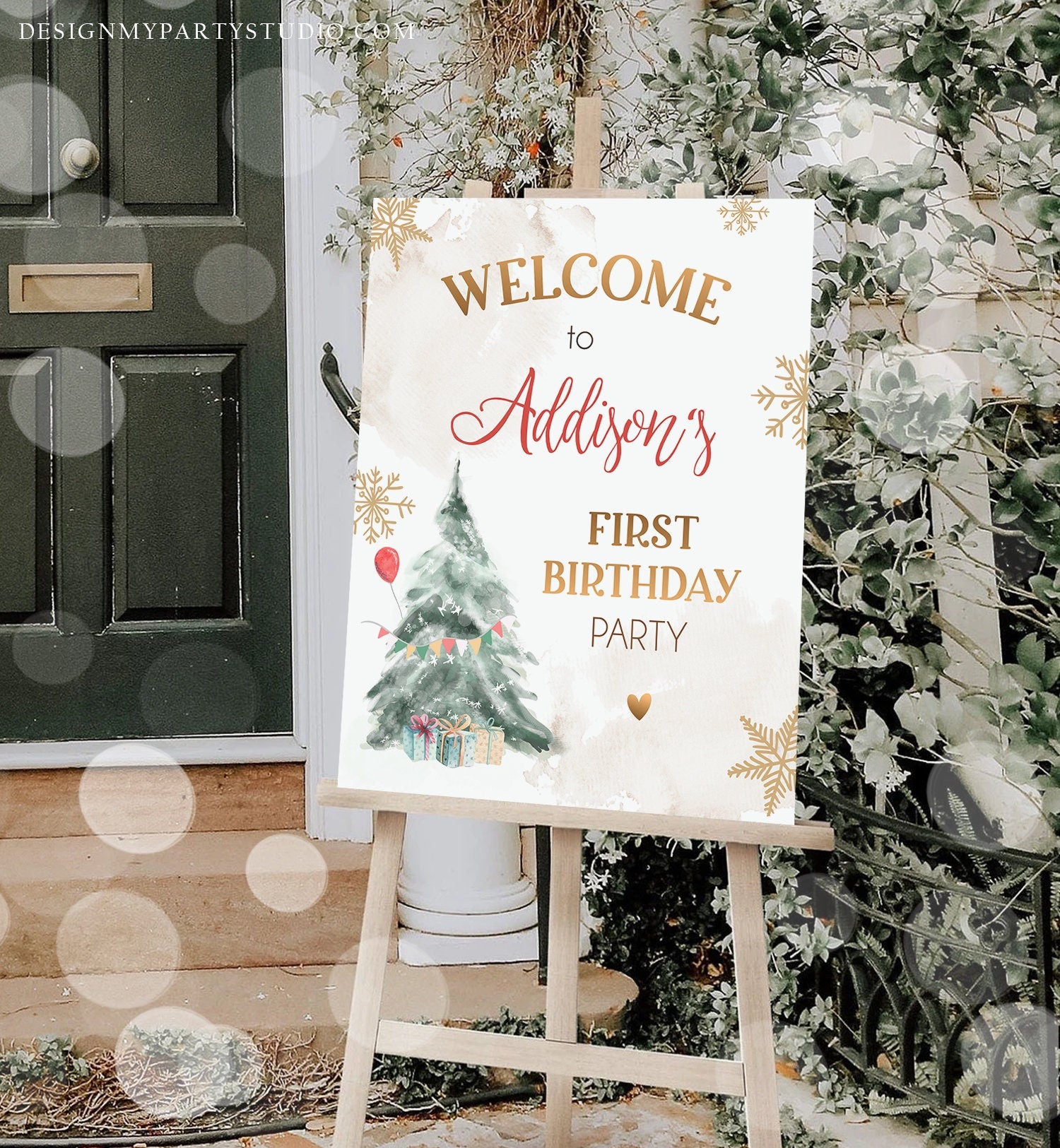 Editable Winter Onederland Welcome Sign Christmas Tree Watercolor First Birthday Neutral Red Gold Snowflake Digital Template Printable 0363