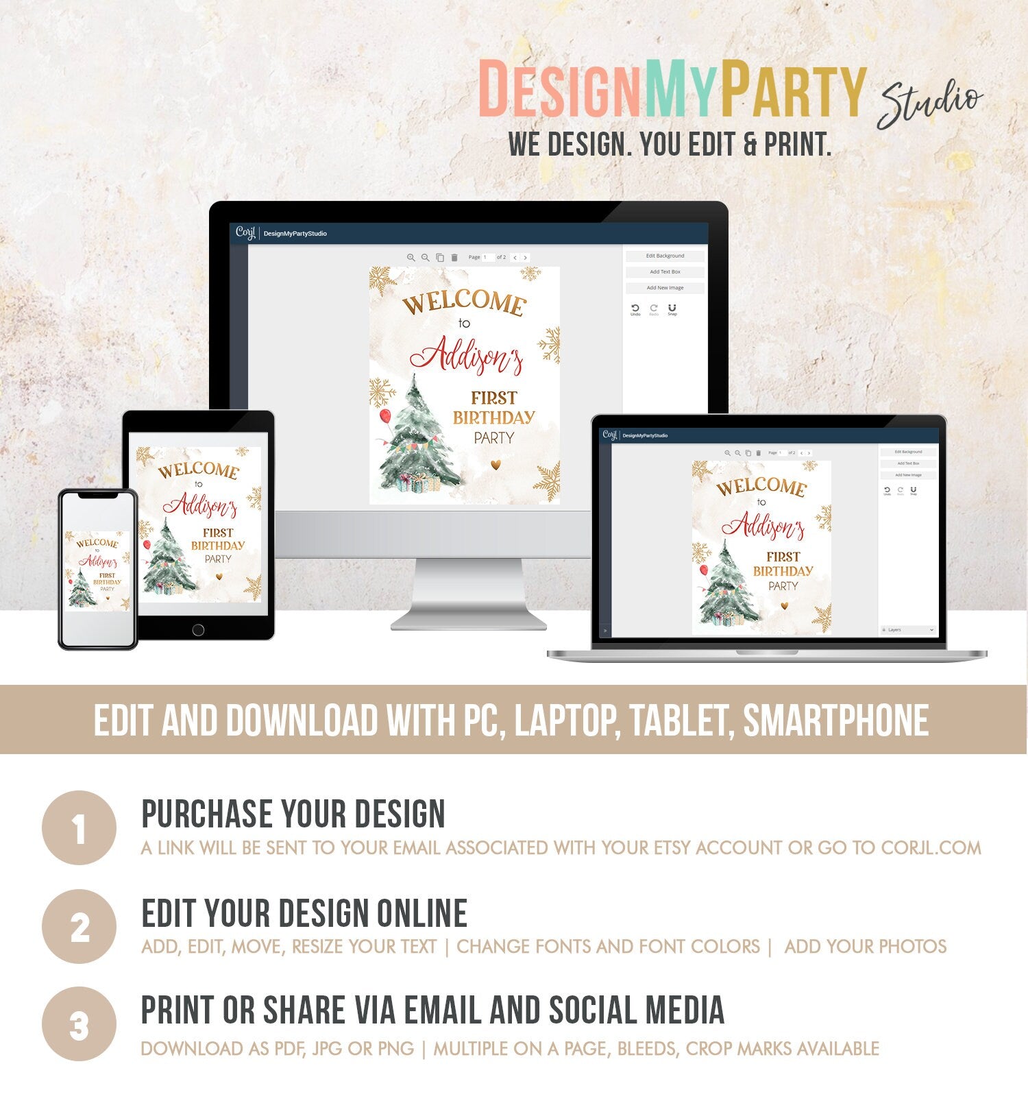 Editable Winter Onederland Welcome Sign Christmas Tree Watercolor First Birthday Neutral Red Gold Snowflake Digital Template Printable 0363