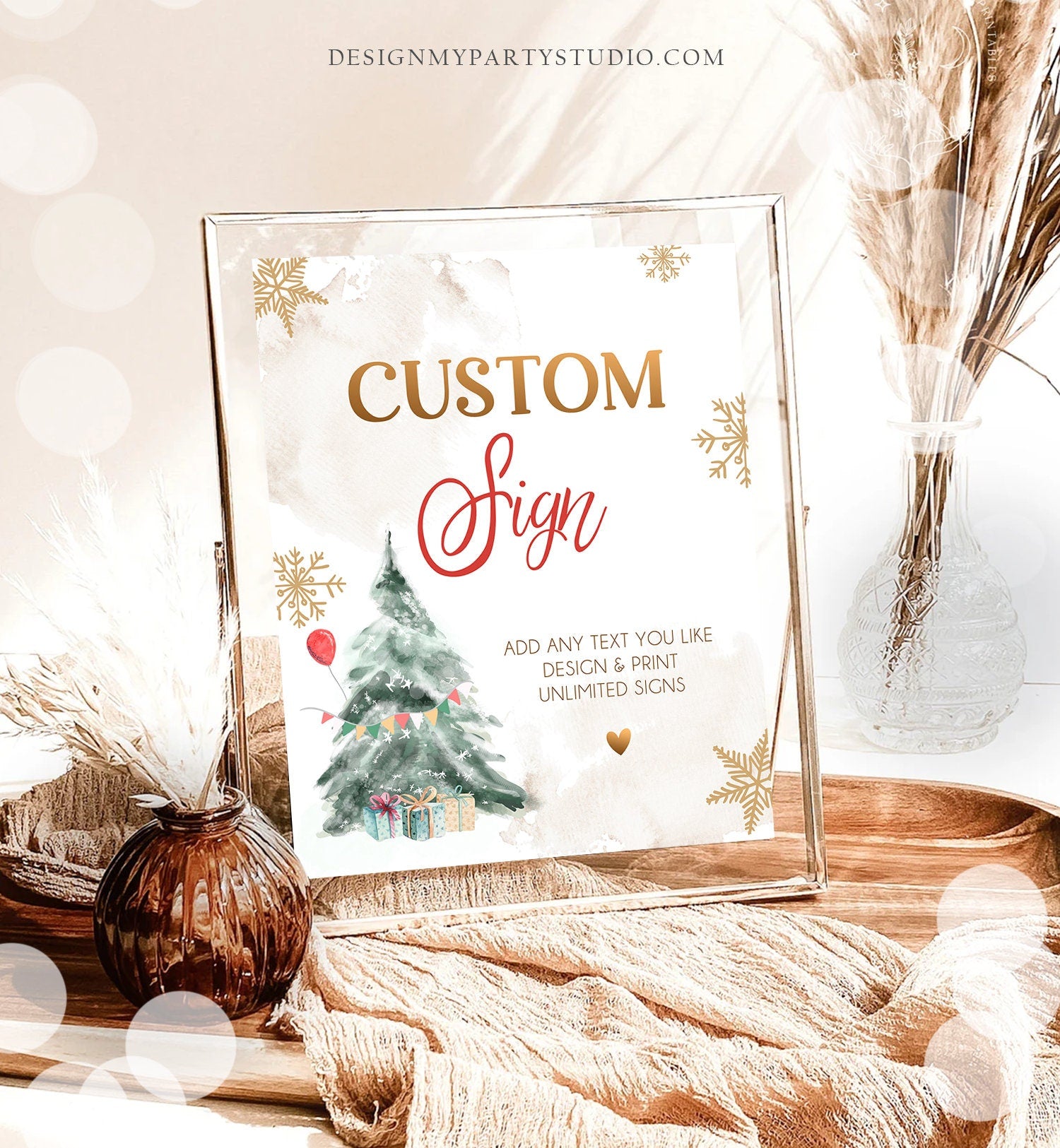 Editable Custom Sign Winter Tree Birthday Winter Onederland Decor 1st Party Boy Girl Gold Red Gold 8x10 Digital Template Printable 0363