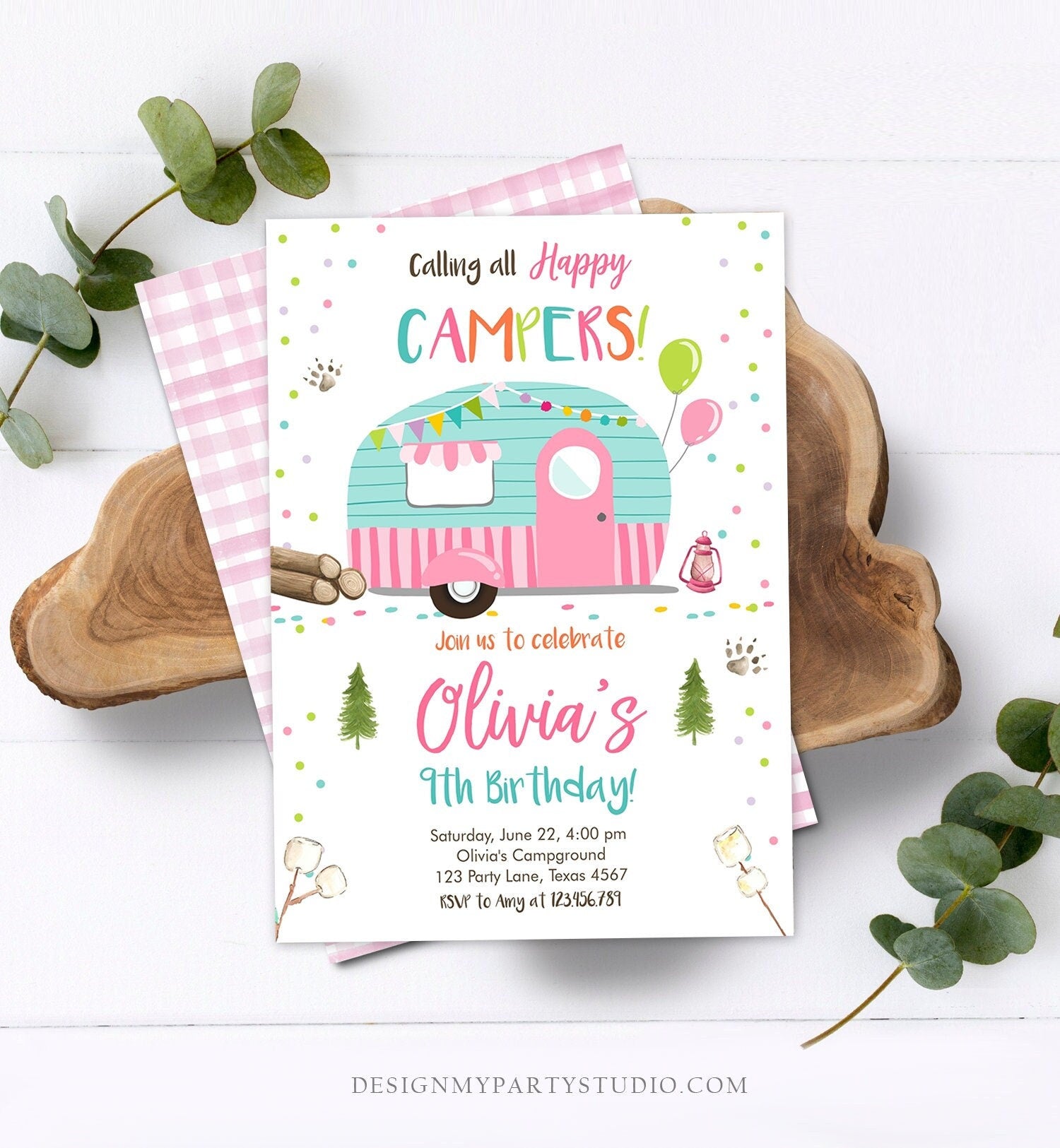 Editable Happy Camper Birthday Invitation Girl Pink Camping Party Pink Camper Glamping Digital Download Template Printable 0342