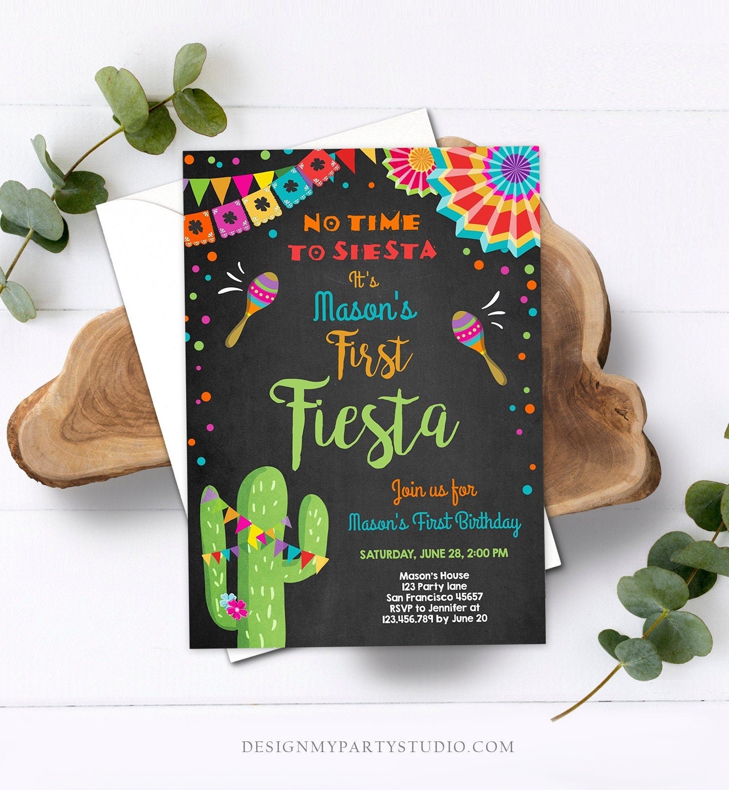 Editable First Fiesta Birthday Invitation Let's Fiesta No Time To Siesta Cactus Mexican Boy Samba Download Corjl Template Printable 0045