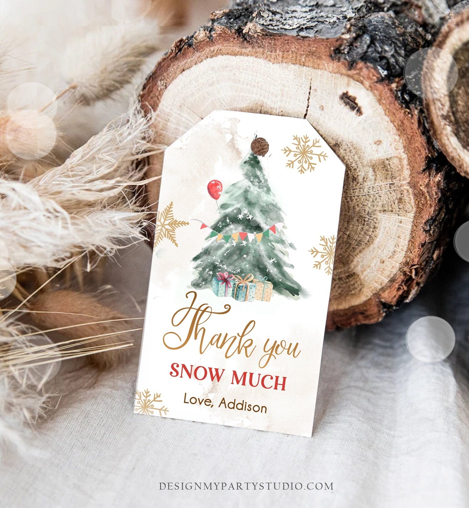 Editable Winter Tree Thank You Tag Onederland Neutral Red Gold Christmas Snow Much Shower Birthday Gift Digital Template Printable 0363