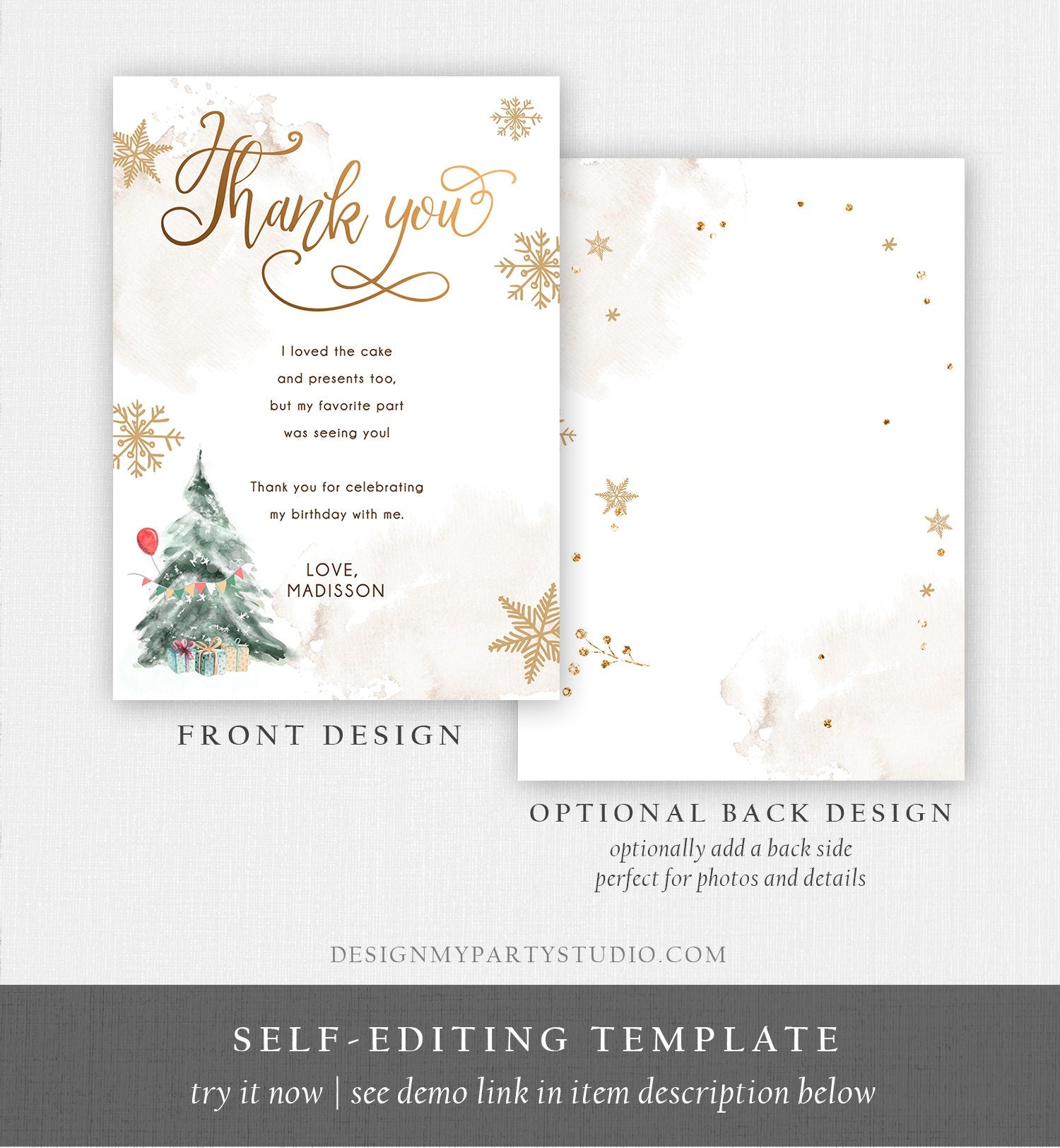 Editable Winter Tree Thank You Card Watercolor Birthday Onederland Neutral Red Gold Christmas Snowflake Digital Template Printable 0363