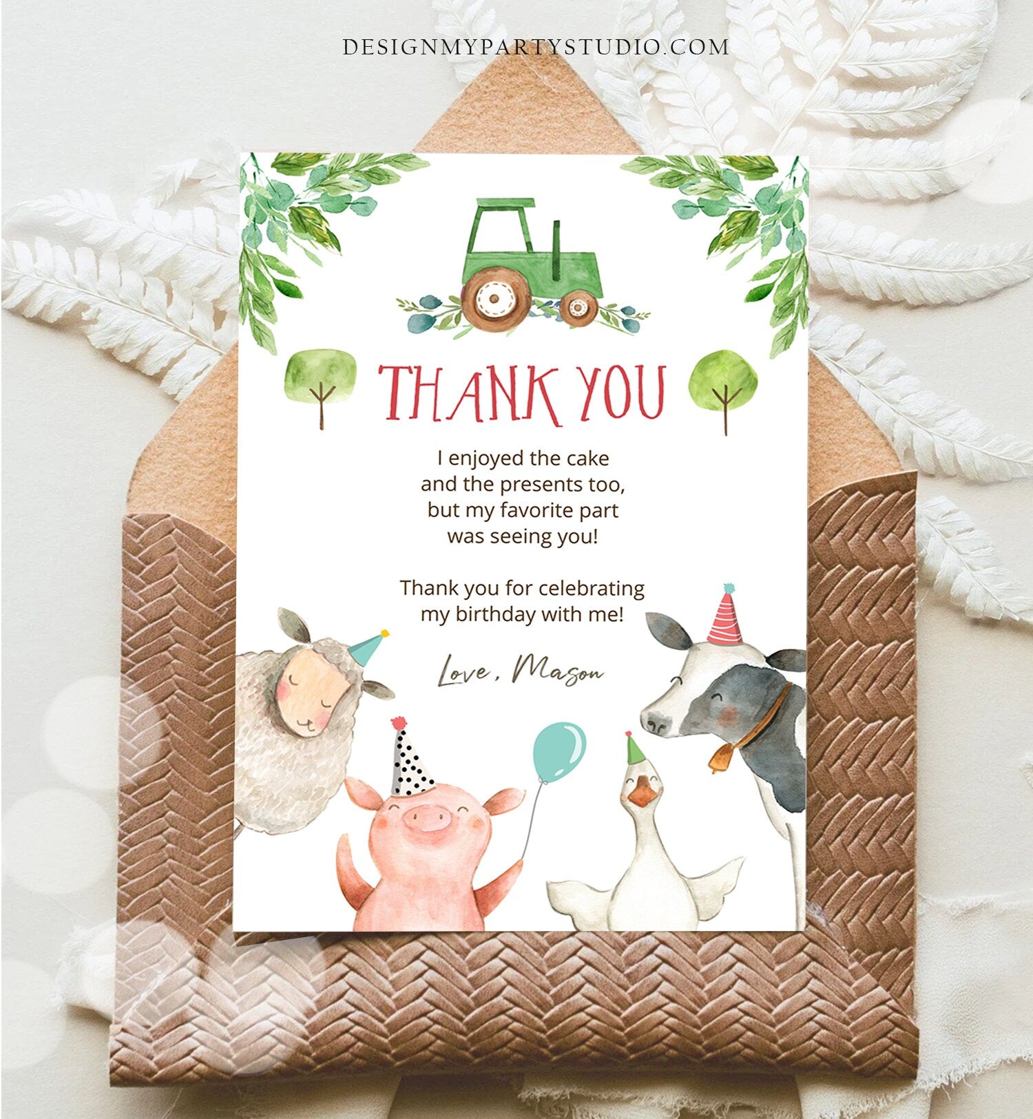 Editable Farm Animals Thank You Card Green Gingham Tractor Farm Birthday Boy Barnyard Note Birthday Corjl Template Instant Download 0155