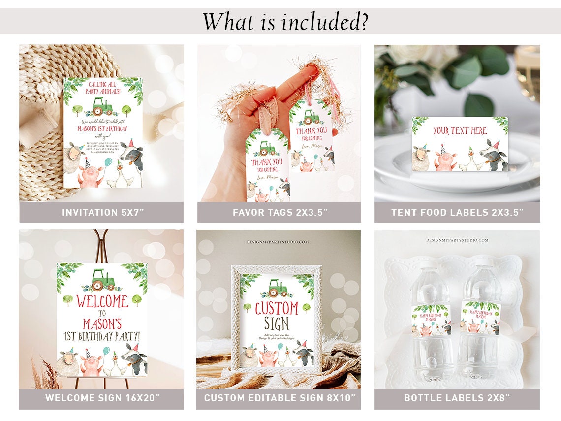 Farm Animals Birthday Invitation Bundle Boy Farm Barnyard Green Tractor Party Animals Farm Birthday Pack First Printable Corjl Template 0155