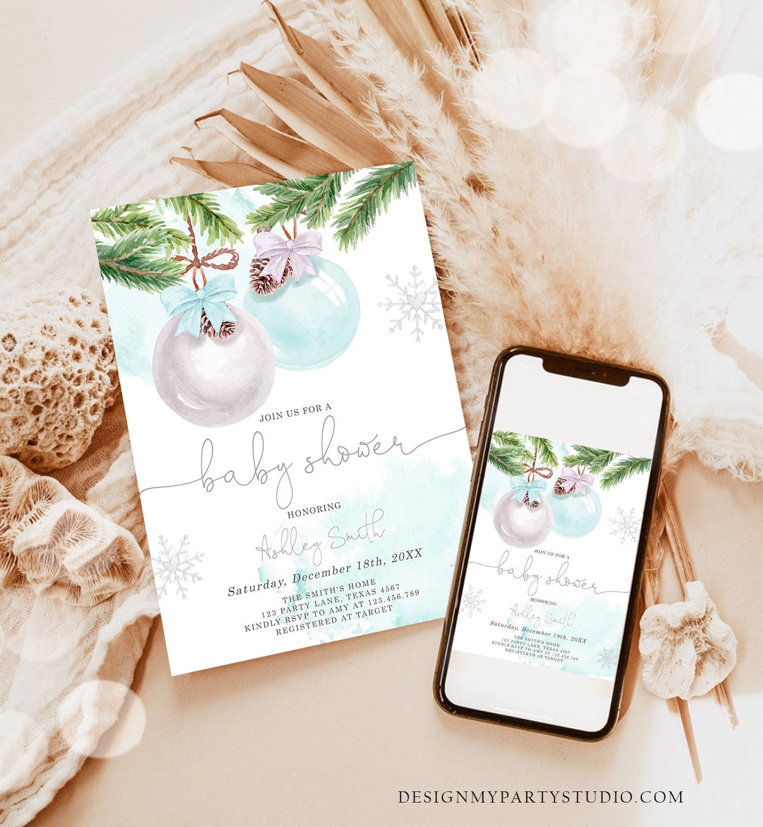 Editable Winter Baby Shower Invitation Baby It's Cold Outside Christmas Baby Shower Boy Blue Watercolor Digital Template Printable 0490