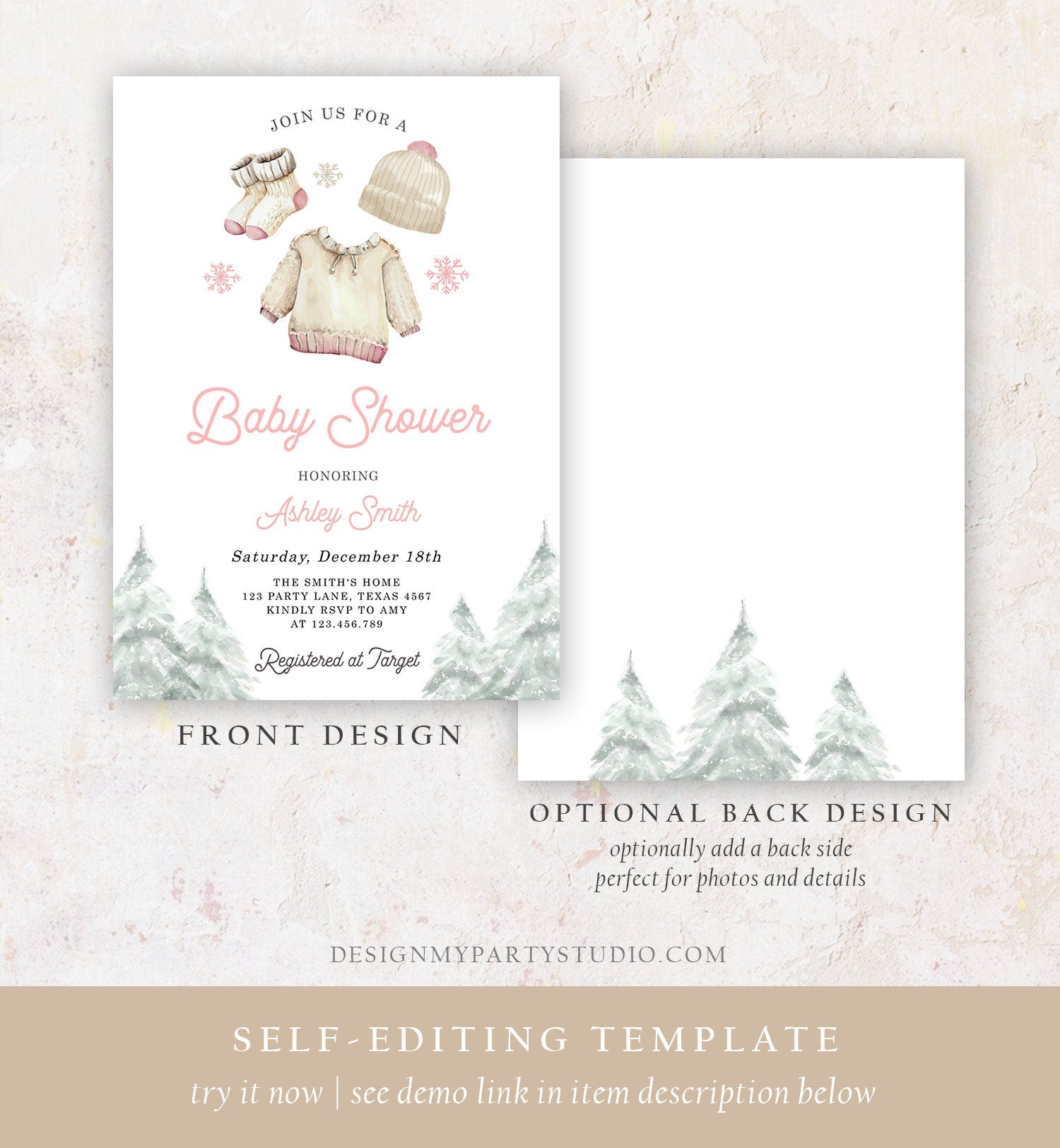 Editable Winter Baby Shower Girl Baby It's Cold Outside Invitation Christmas Pink Baby Clothes Watercolor Digital Template Printable 0491