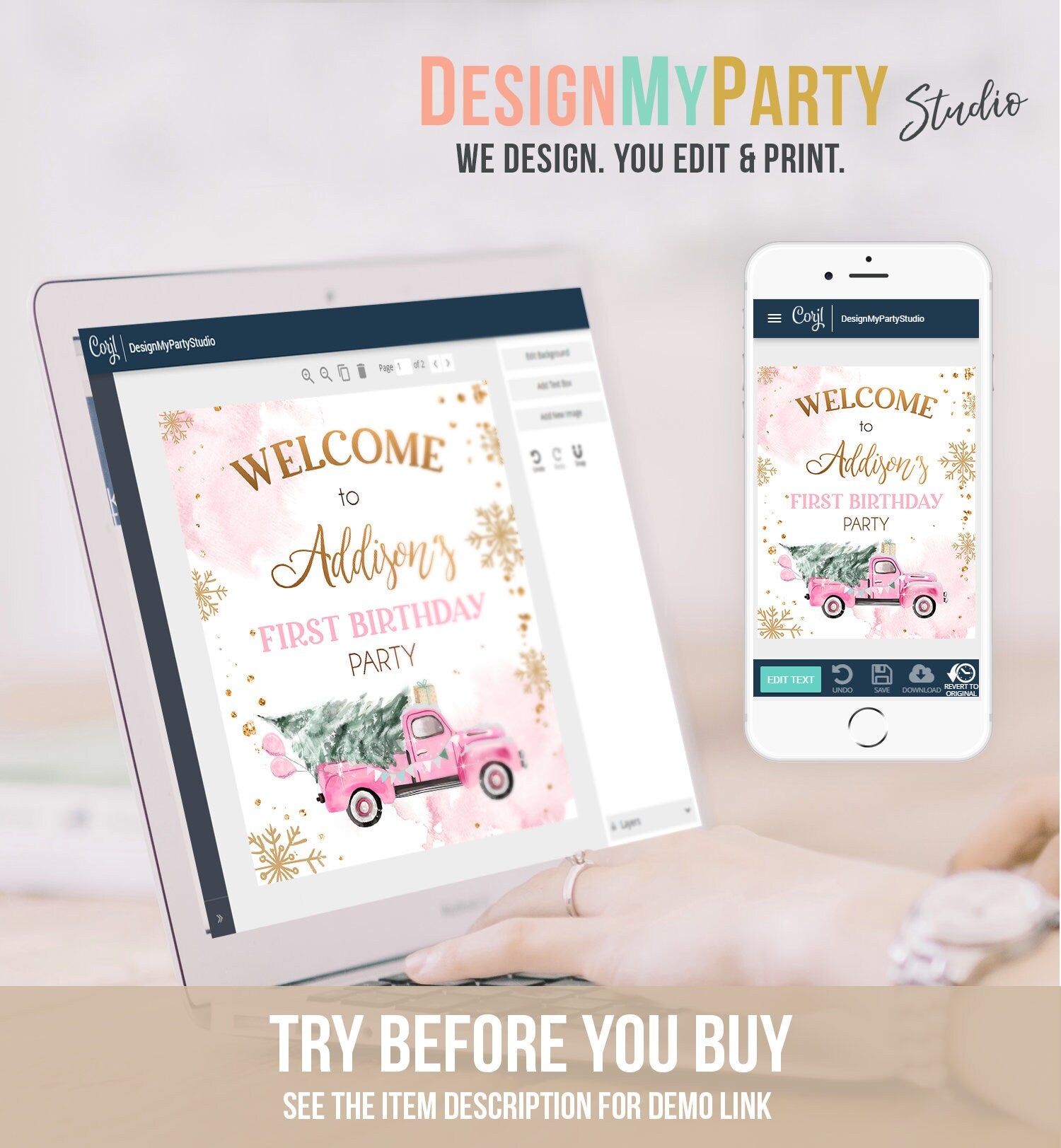 Editable Winter Truck Welcome Sign Onederland Pink Truck Watercolor Girl First Birthday Snowflake Wonderland Digital Template Printable 0495