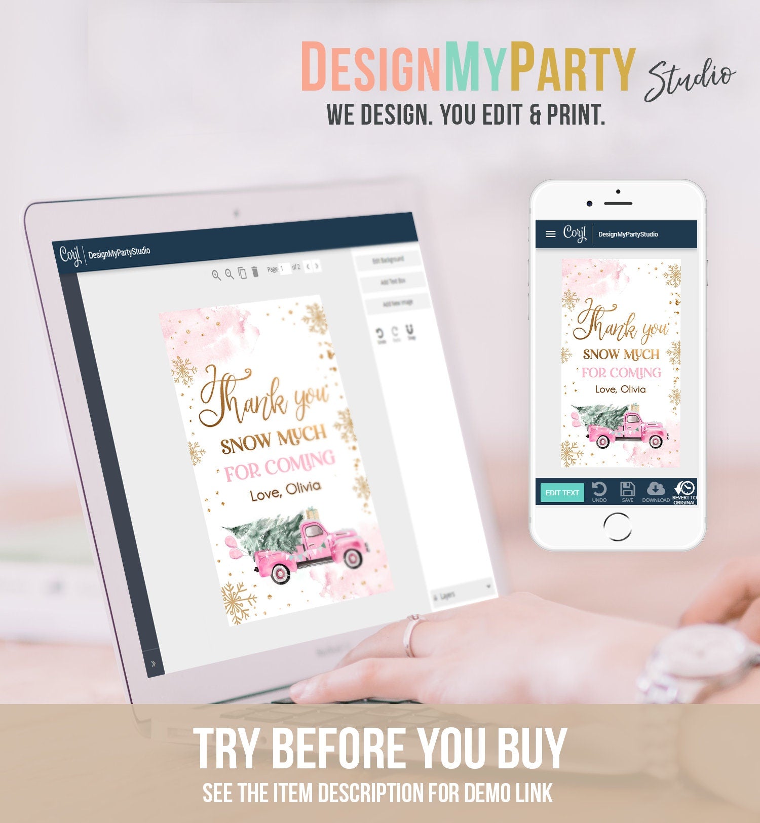 Editable Winter Onederland Favor Tag Christmas Tree Thank You Snow Much Pink Truck Birthday 1st Gift Girl Digital Template Printable 0495