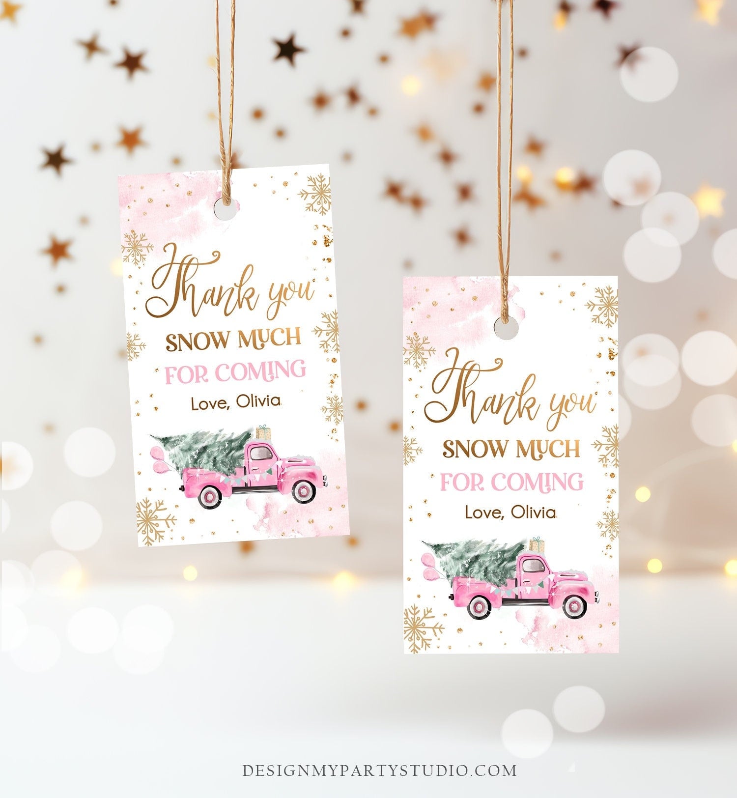 Editable Winter Onederland Favor Tag Christmas Tree Thank You Snow Much Pink Truck Birthday 1st Gift Girl Digital Template Printable 0495
