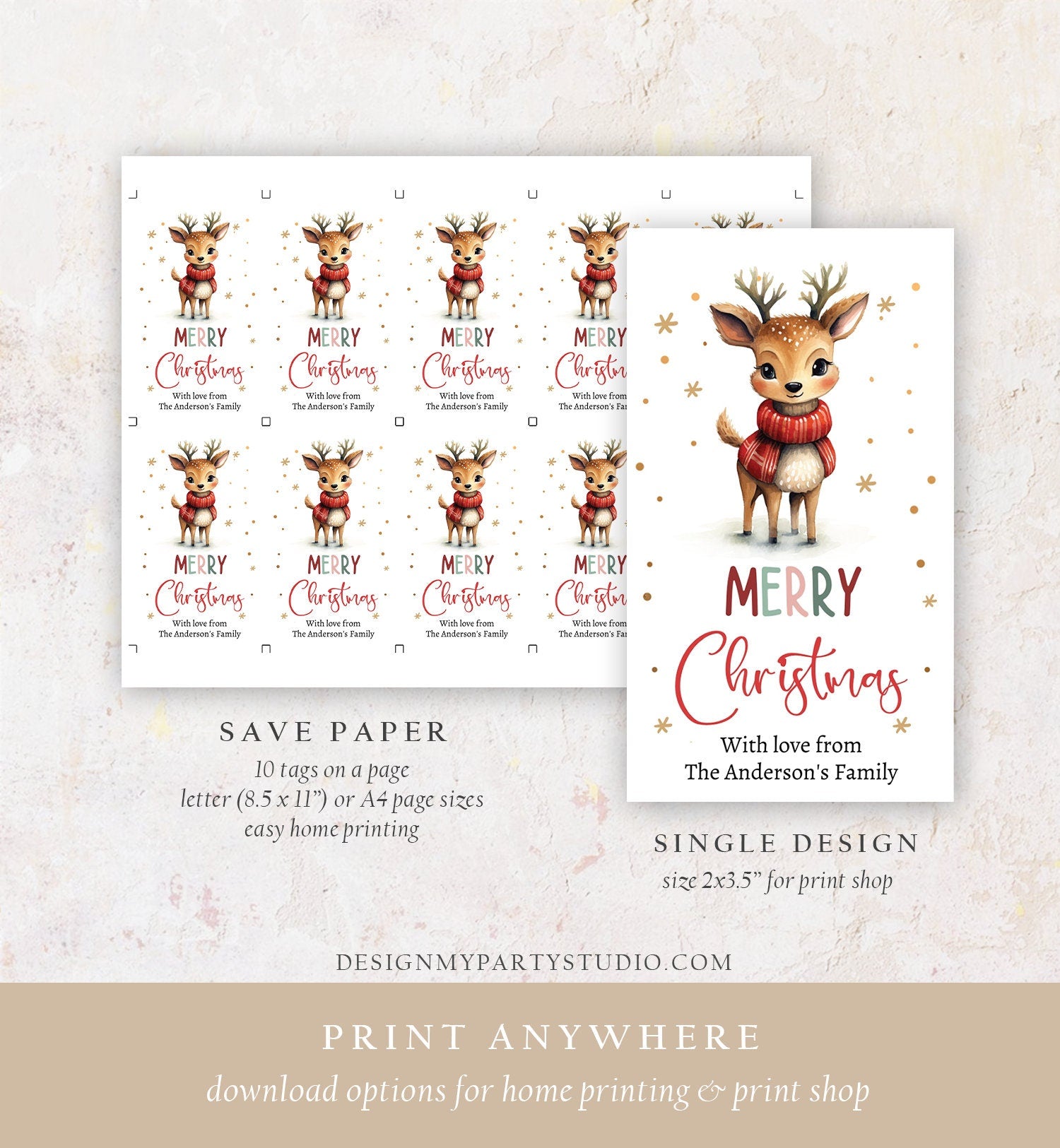 Editable Christmas Gift Tag Holiday Favor Tag Merry Christmas Holiday Tag Holiday Deer Santa Family Digital Download Template Printable 0443
