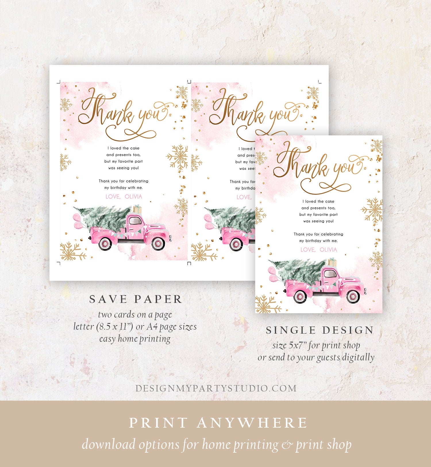 Editable Winter Truck Thank You Card Girl Birthday Winter Onederland Pink Truck Tree Christmas Snowflake Digital Template Printable 0495