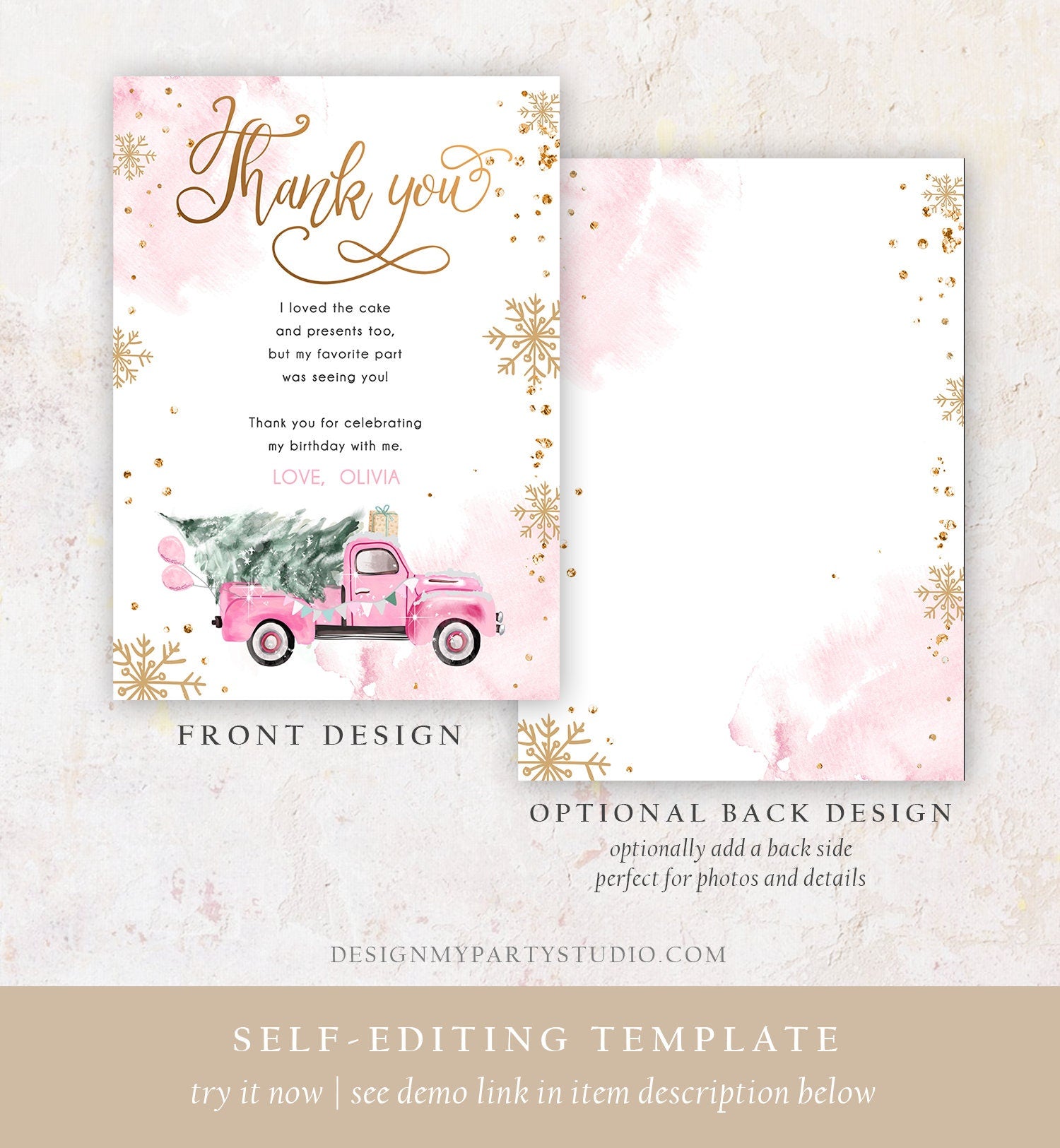 Editable Winter Truck Thank You Card Girl Birthday Winter Onederland Pink Truck Tree Christmas Snowflake Digital Template Printable 0495