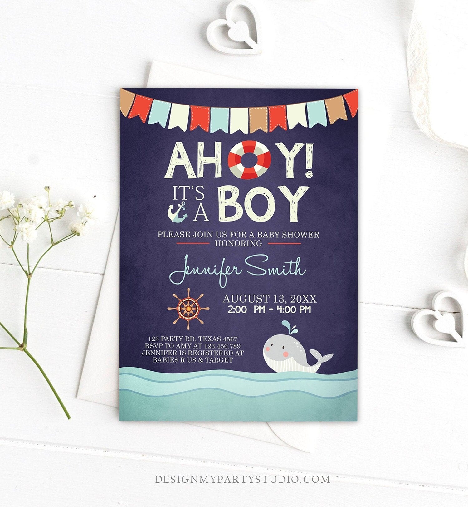 Editable Nautical Baby Shower Invitation Ahoy Its A Boy invite It's A Boy Whale Ocean Red Navy Blue Digital Corjl Template Printable 0018