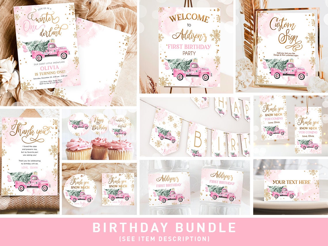 Winter ONEderland Birthday Bundle Christmas Winter Pink Truck Girl First Birthday Tree Snowflakes Watercolor Digital Template Printable 0495
