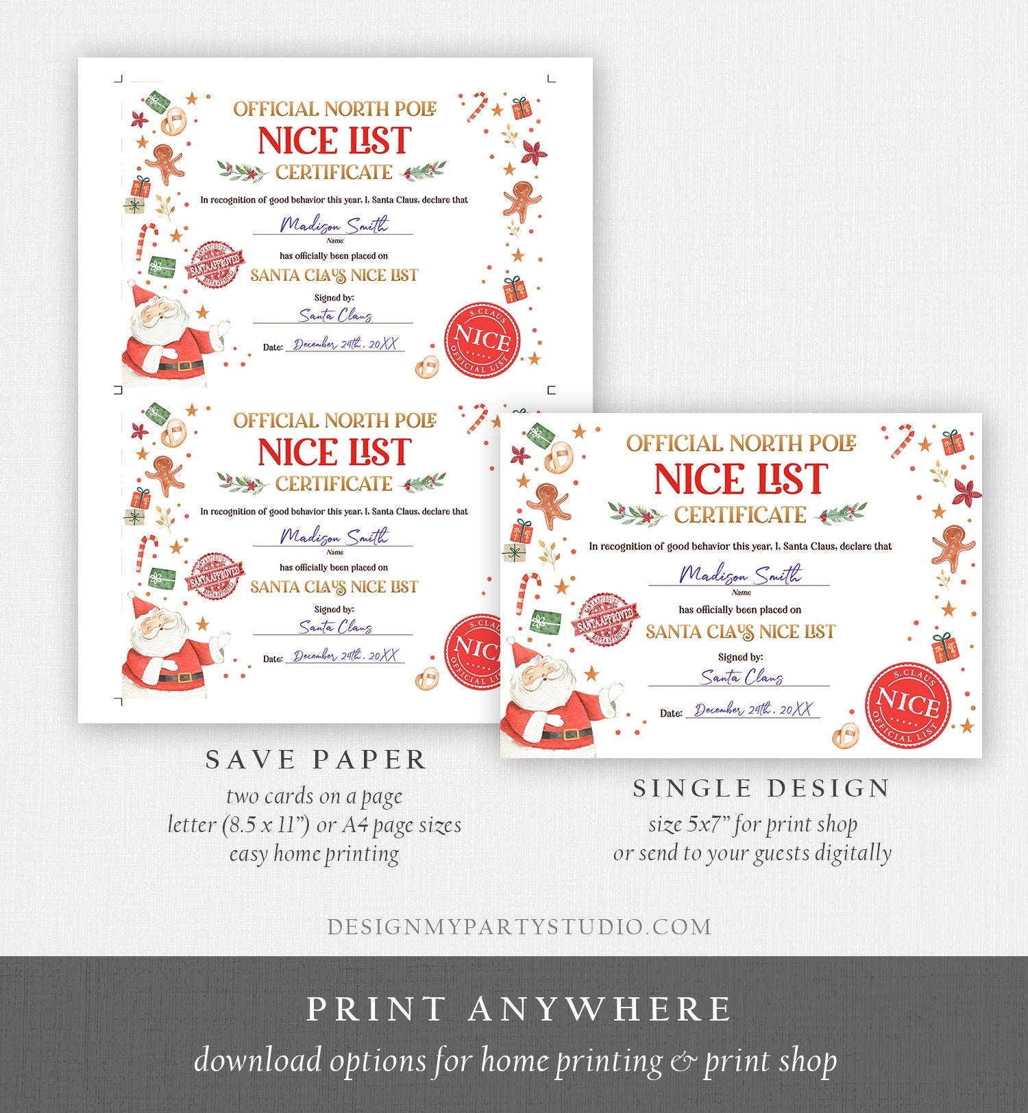 Editable Santa Claus Official Nice List Certificate Letter From Desk Santa Claus Christmas Eve North Pole Corjl Template Printable 0358