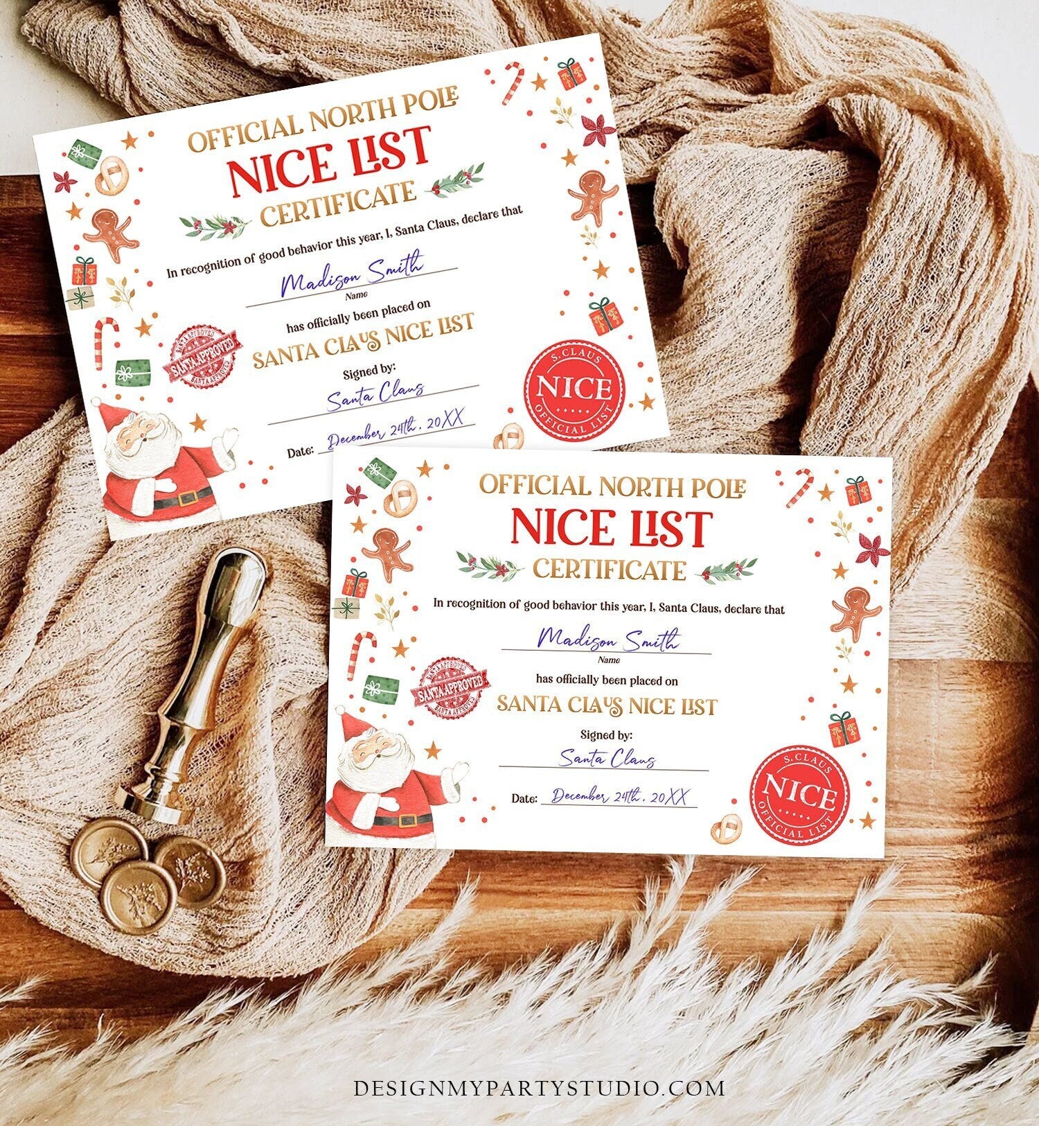 Editable Santa Claus Official Nice List Certificate Letter From Desk Santa Claus Christmas Eve North Pole Corjl Template Printable 0358
