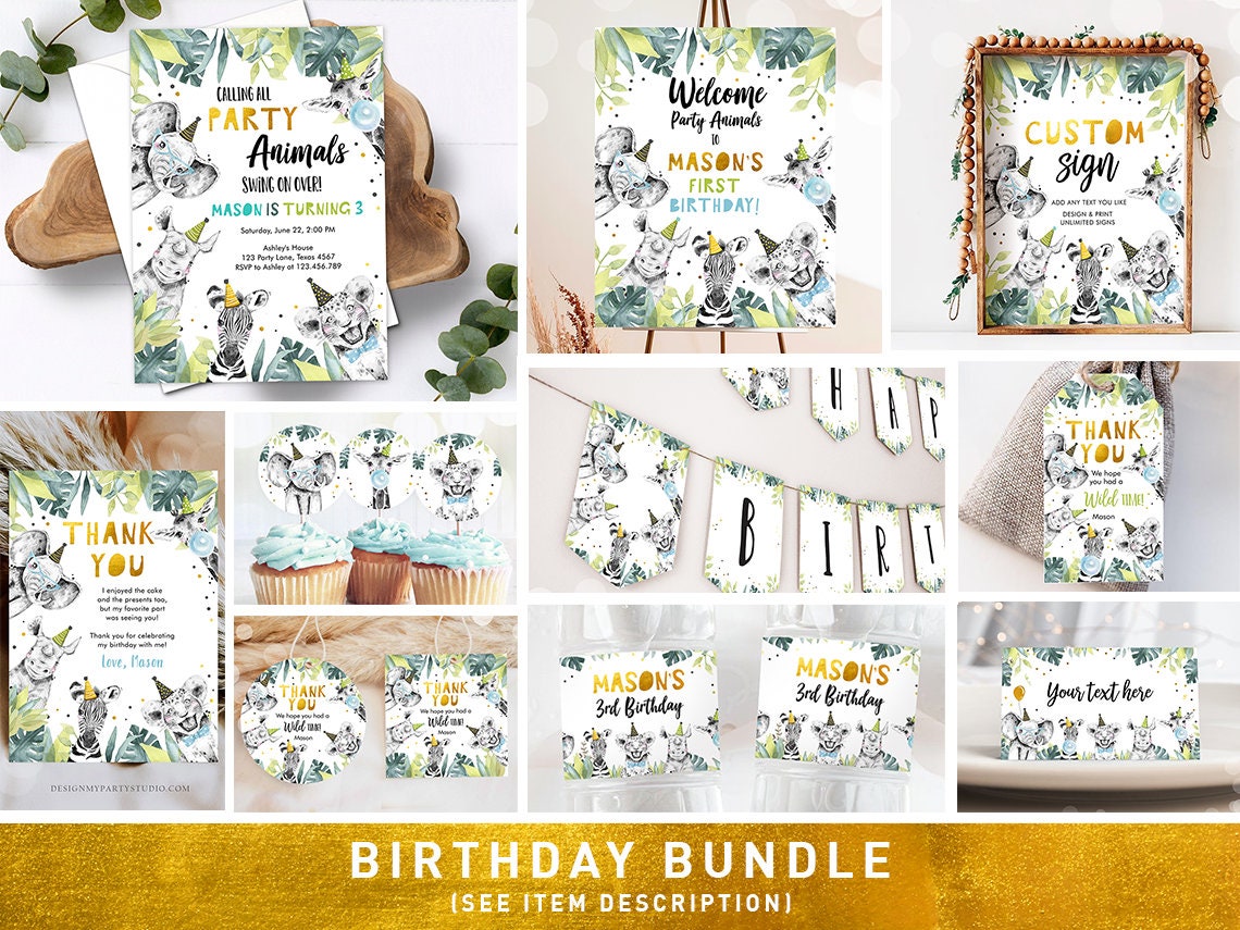 Party Animals Birthday Invitation Bundle Wild One Animals Zoo Safari Animals Boy Gold Party Pack Jungle Digital Template Printable 0322