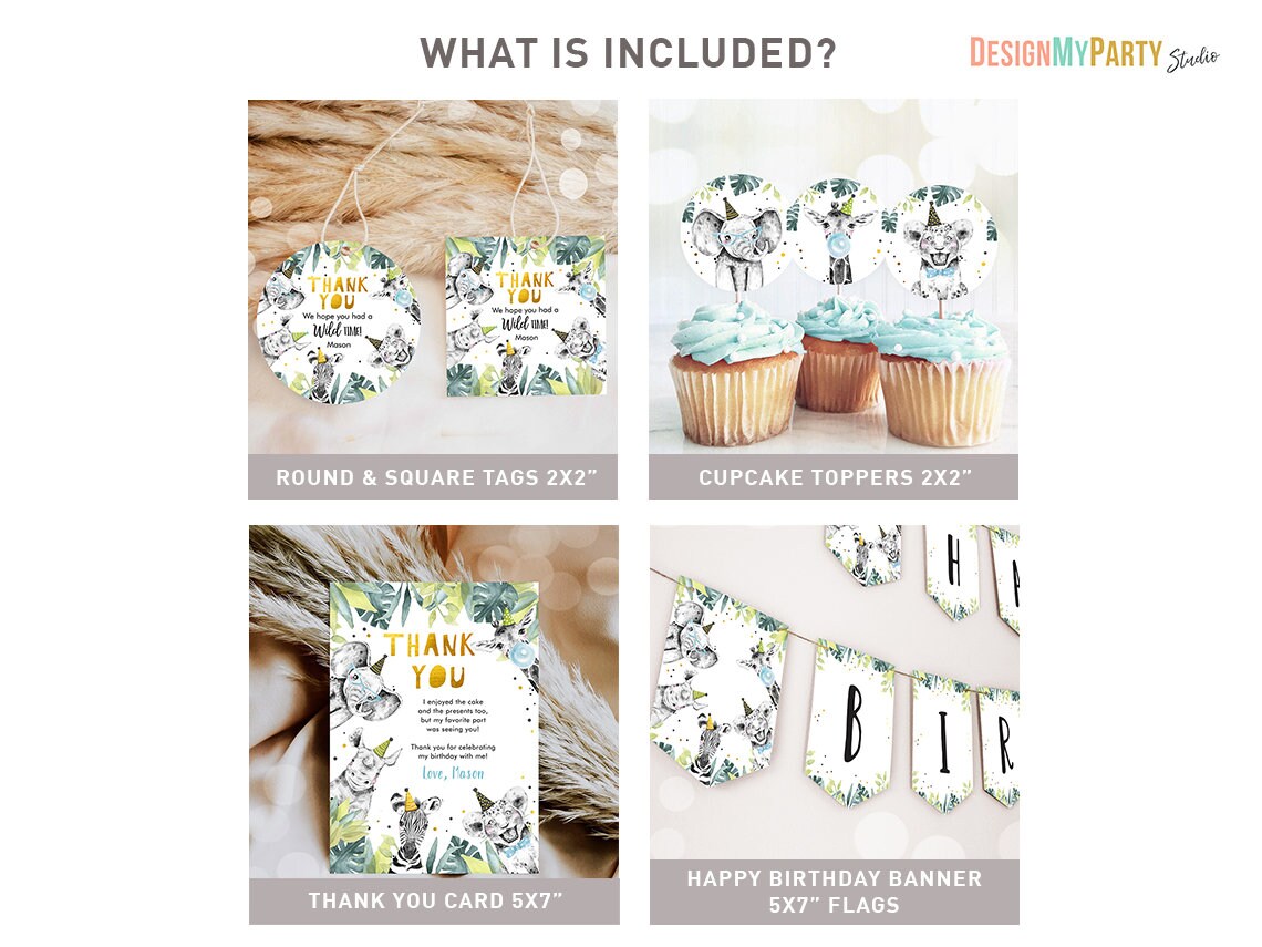 Party Animals Birthday Invitation Bundle Wild One Animals Zoo Safari Animals Boy Gold Party Pack Jungle Digital Template Printable 0322