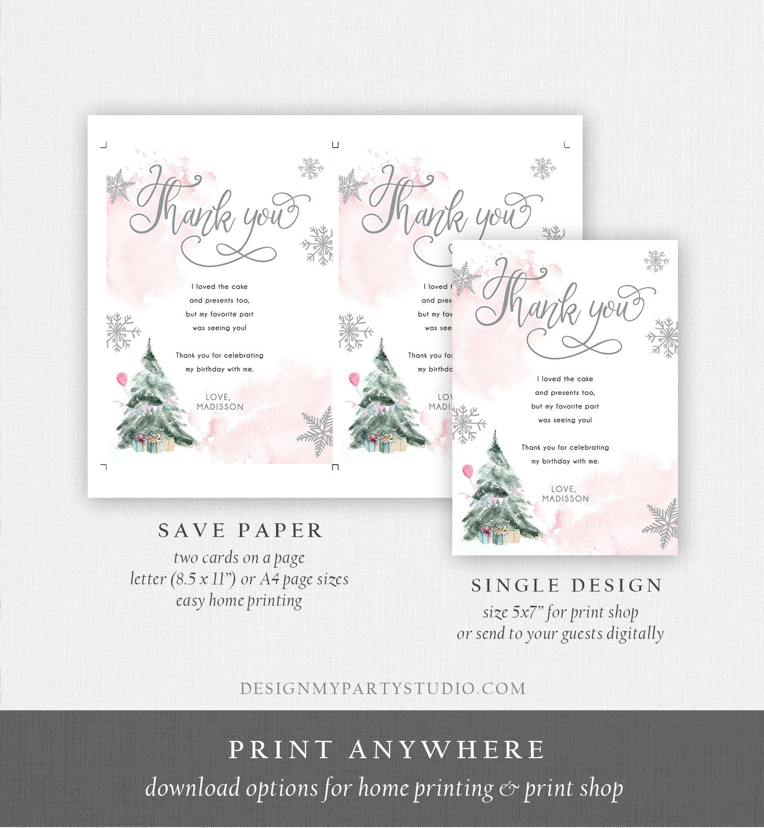 Editable Winter Tree Thank You Card Watercolor Birthday Winter Onederland Pink Girl Christmas Snow Snowflake Digital Template Printable 0363