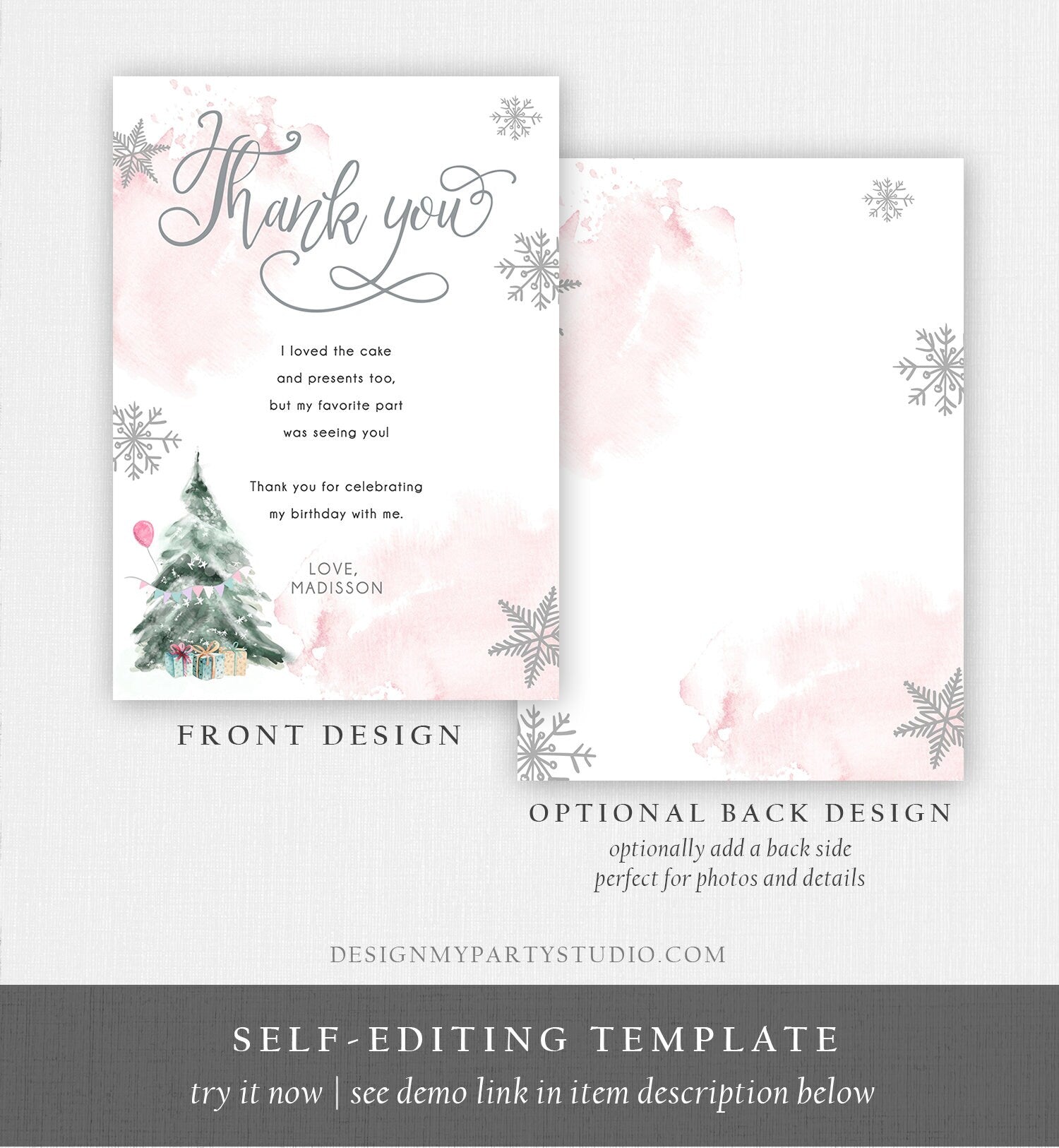 Editable Winter Tree Thank You Card Watercolor Birthday Winter Onederland Pink Girl Christmas Snow Snowflake Digital Template Printable 0363