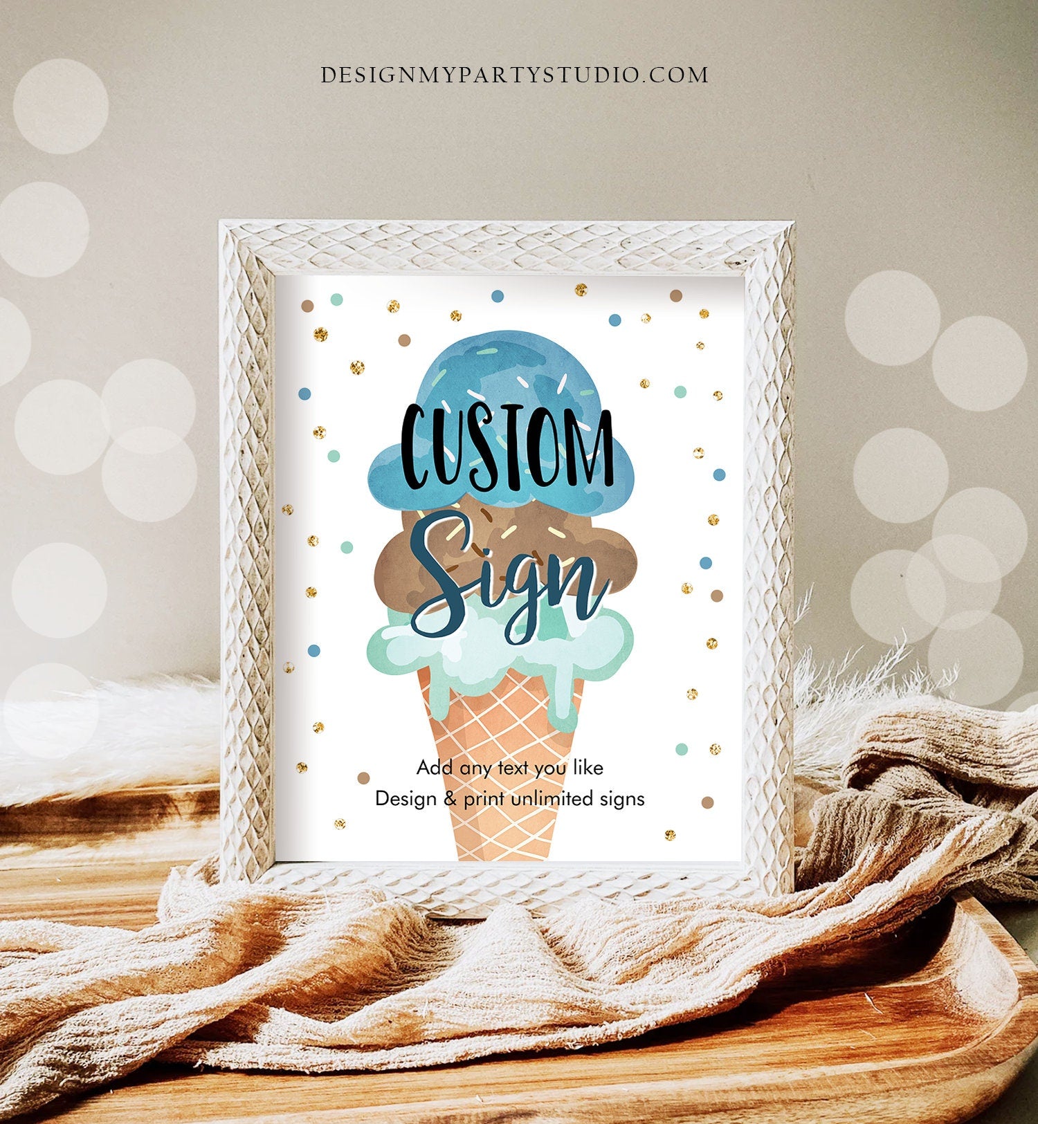 Editable Custom Sign Ice Cream Soft Confetti Birthday Baby Shower Party Boy Gold Blue Chocolate Table Bar Digital Template Printable 0243