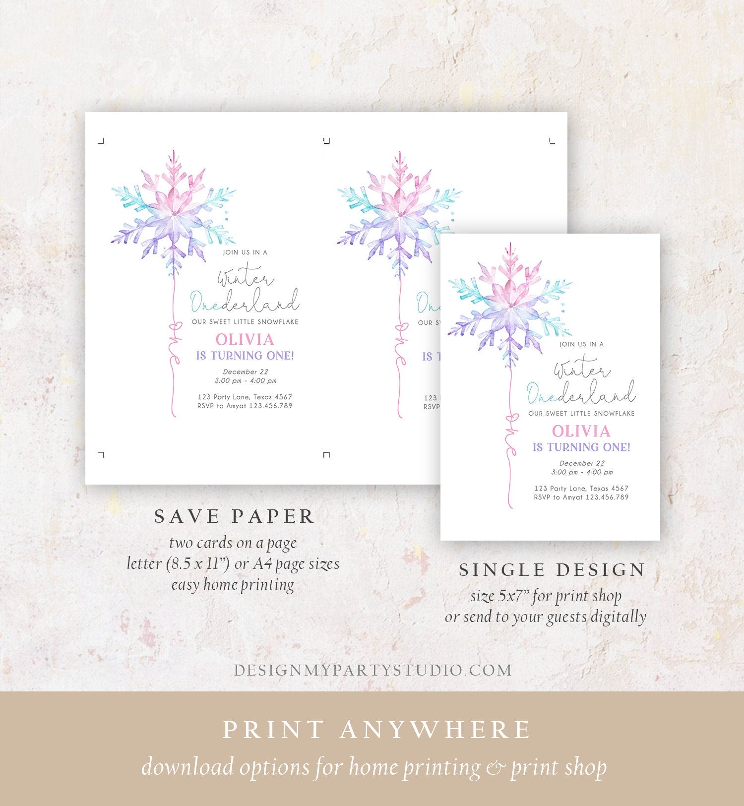 Editable Winter ONEderland Birthday Invitation First Birthday 1st Girl Pink Purple Snowflake Watercolor Digital Template Printable 0494