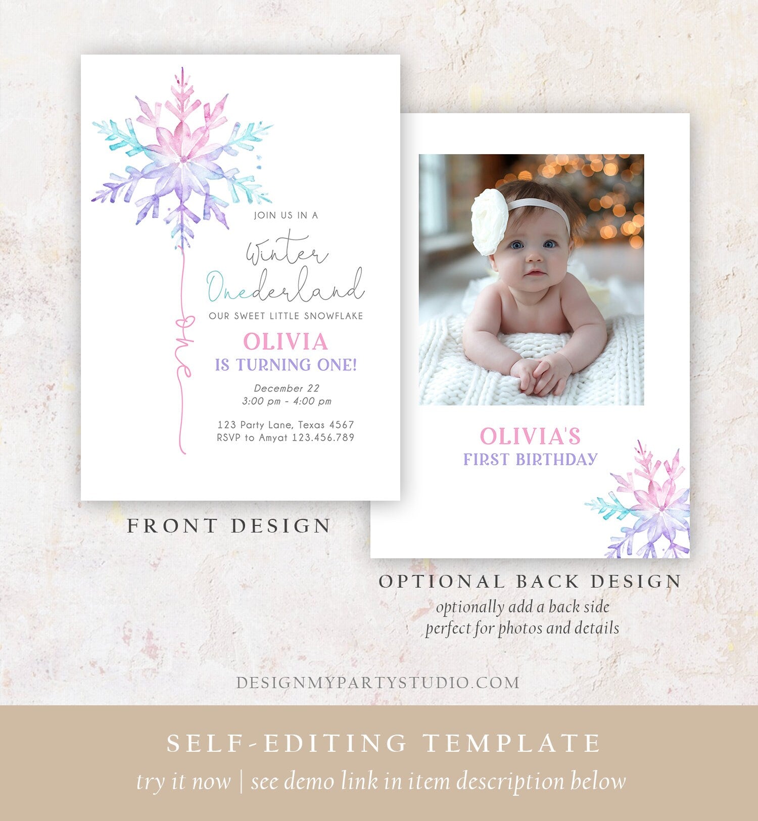 Editable Winter ONEderland Birthday Invitation First Birthday 1st Girl Pink Purple Snowflake Watercolor Digital Template Printable 0494