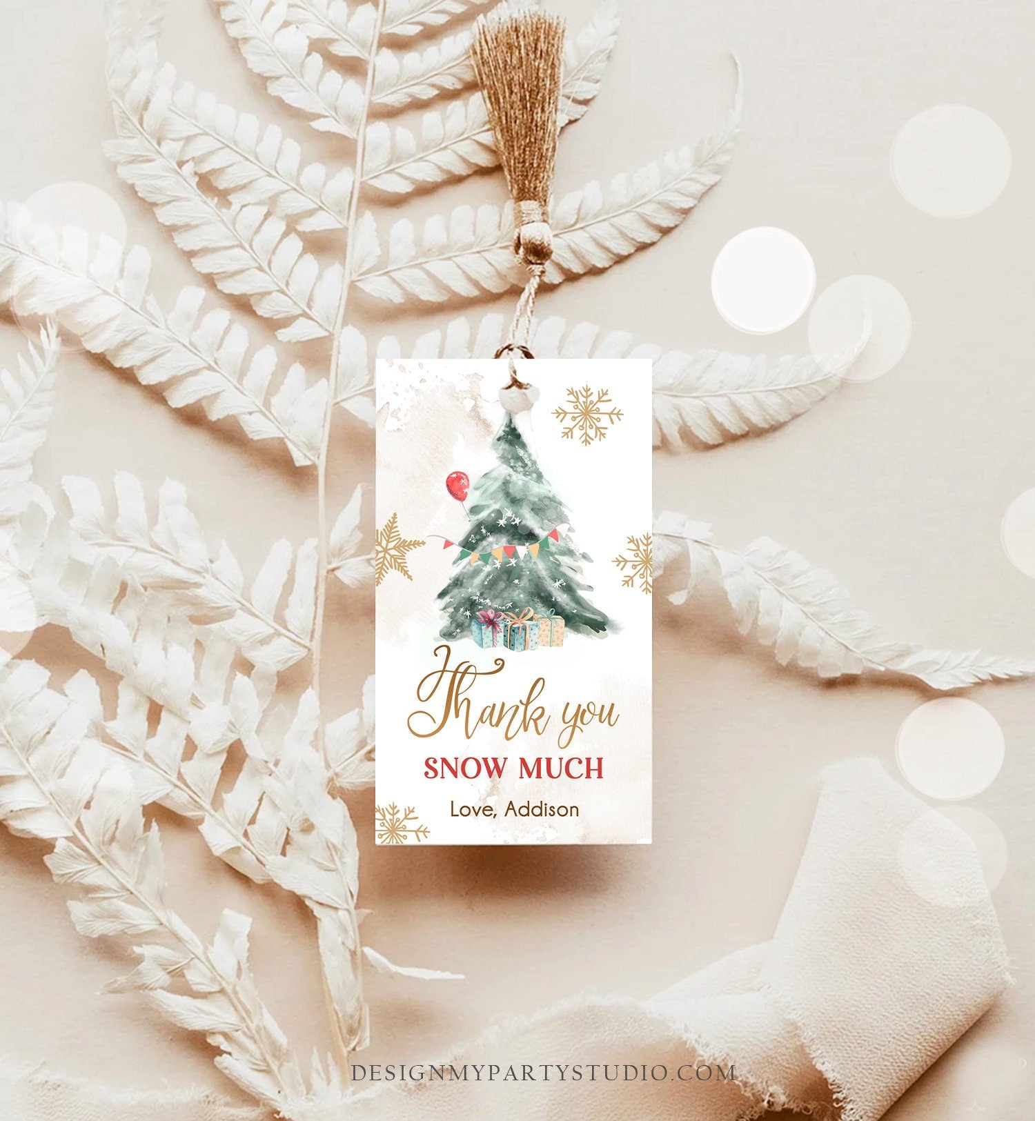 Editable Winter Tree Thank You Tag Onederland Neutral Red Gold Christmas Snow Much Shower Birthday Gift Digital Template Printable 0363