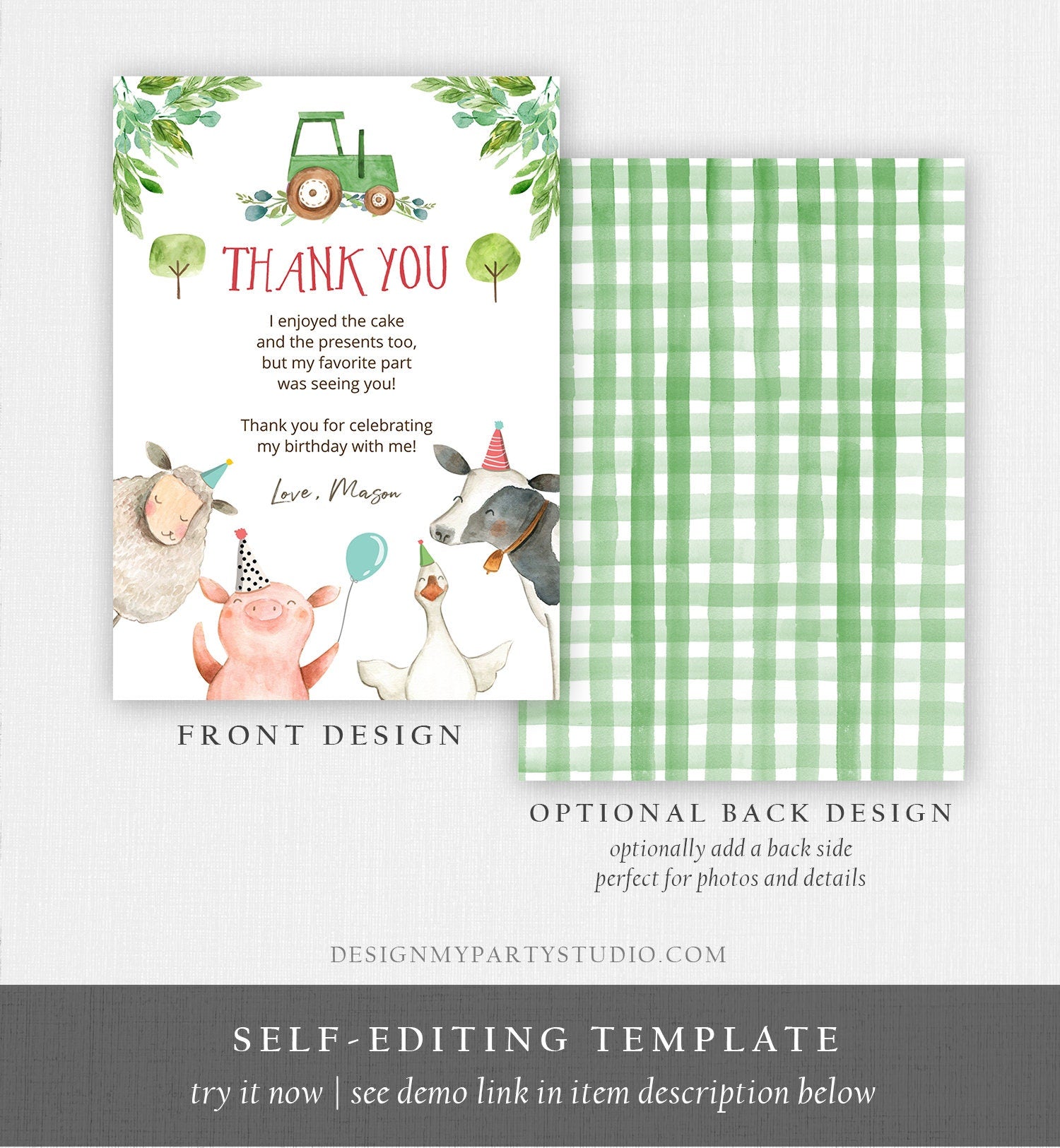 Editable Farm Animals Thank You Card Green Gingham Tractor Farm Birthday Boy Barnyard Note Birthday Corjl Template Instant Download 0155