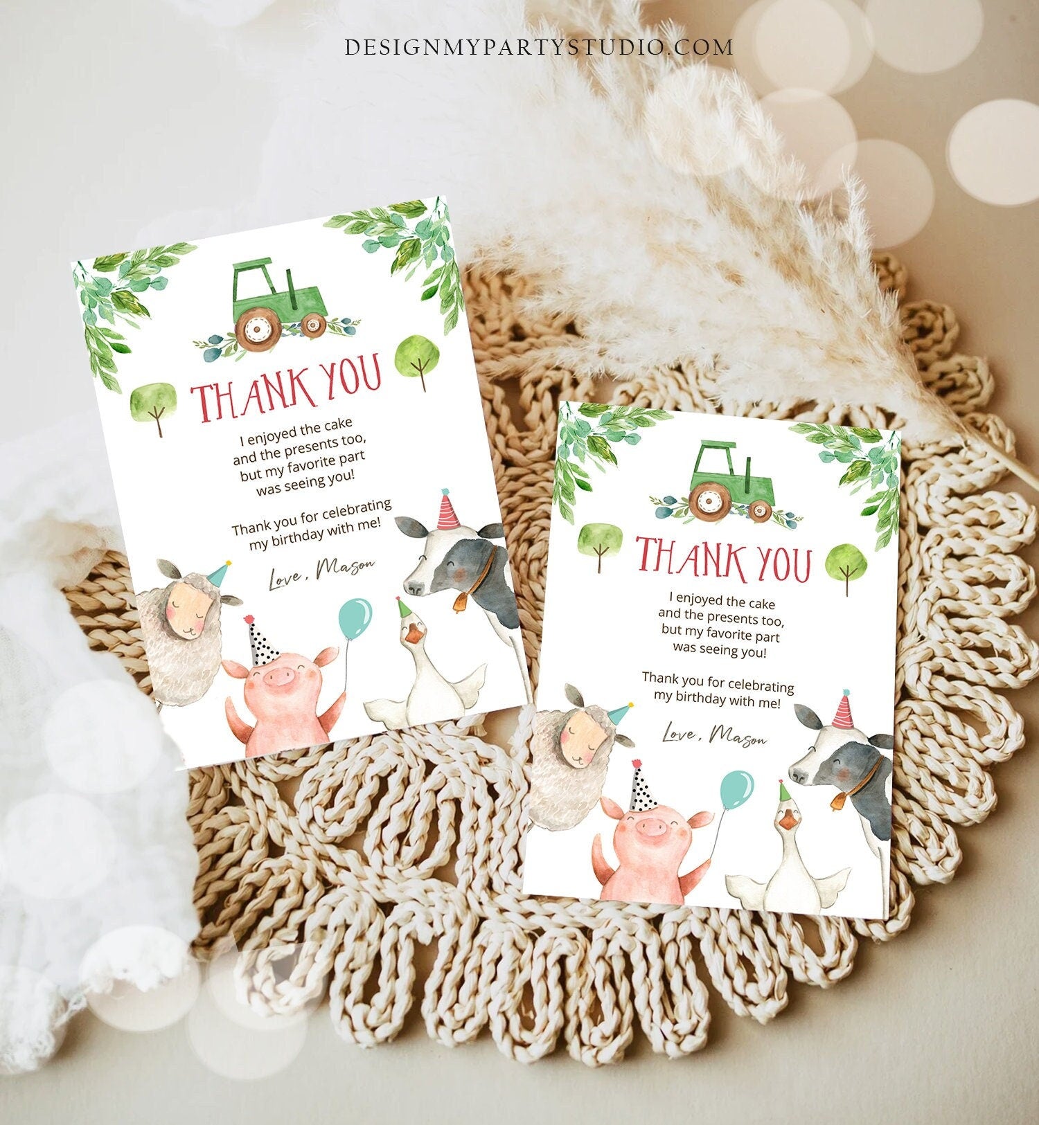 Editable Farm Animals Thank You Card Green Gingham Tractor Farm Birthday Boy Barnyard Note Birthday Corjl Template Instant Download 0155