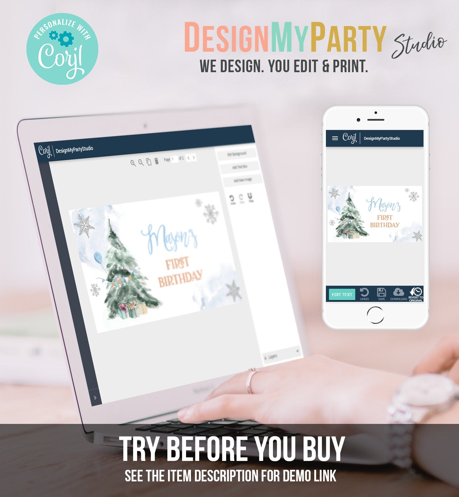 Editable Winter Tree Backdrop Banner Boy Blue Silver Christmas Birthday Winter Onederland Snow Digital Download Template Printable 0363
