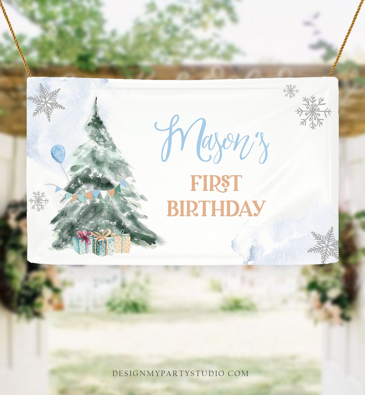 Editable Winter Tree Backdrop Banner Boy Blue Silver Christmas Birthday Winter Onederland Snow Digital Download Template Printable 0363