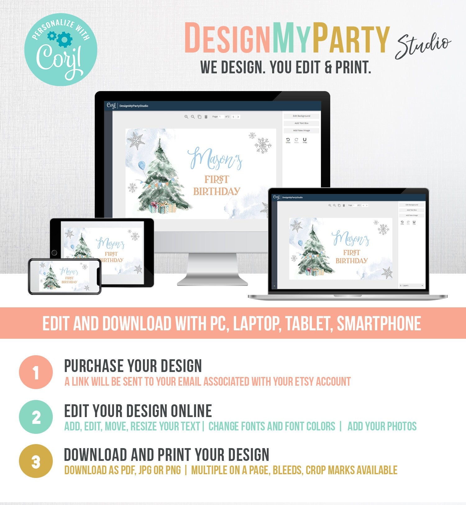 Editable Winter Tree Backdrop Banner Boy Blue Silver Christmas Birthday Winter Onederland Snow Digital Download Template Printable 0363