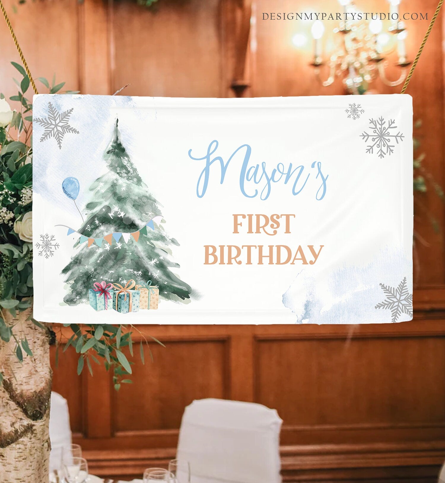 Editable Winter Tree Backdrop Banner Boy Blue Silver Christmas Birthday Winter Onederland Snow Digital Download Template Printable 0363