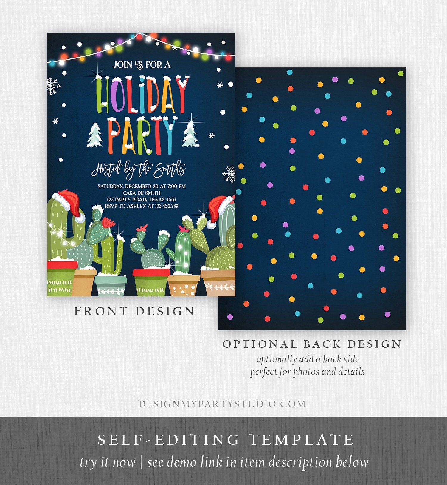 Editable Holiday Party Invitation Christmas Fiesta Cactus Mexican Holiday Feliz Navidad Xmas Party Digital Evite Template Printable 0273
