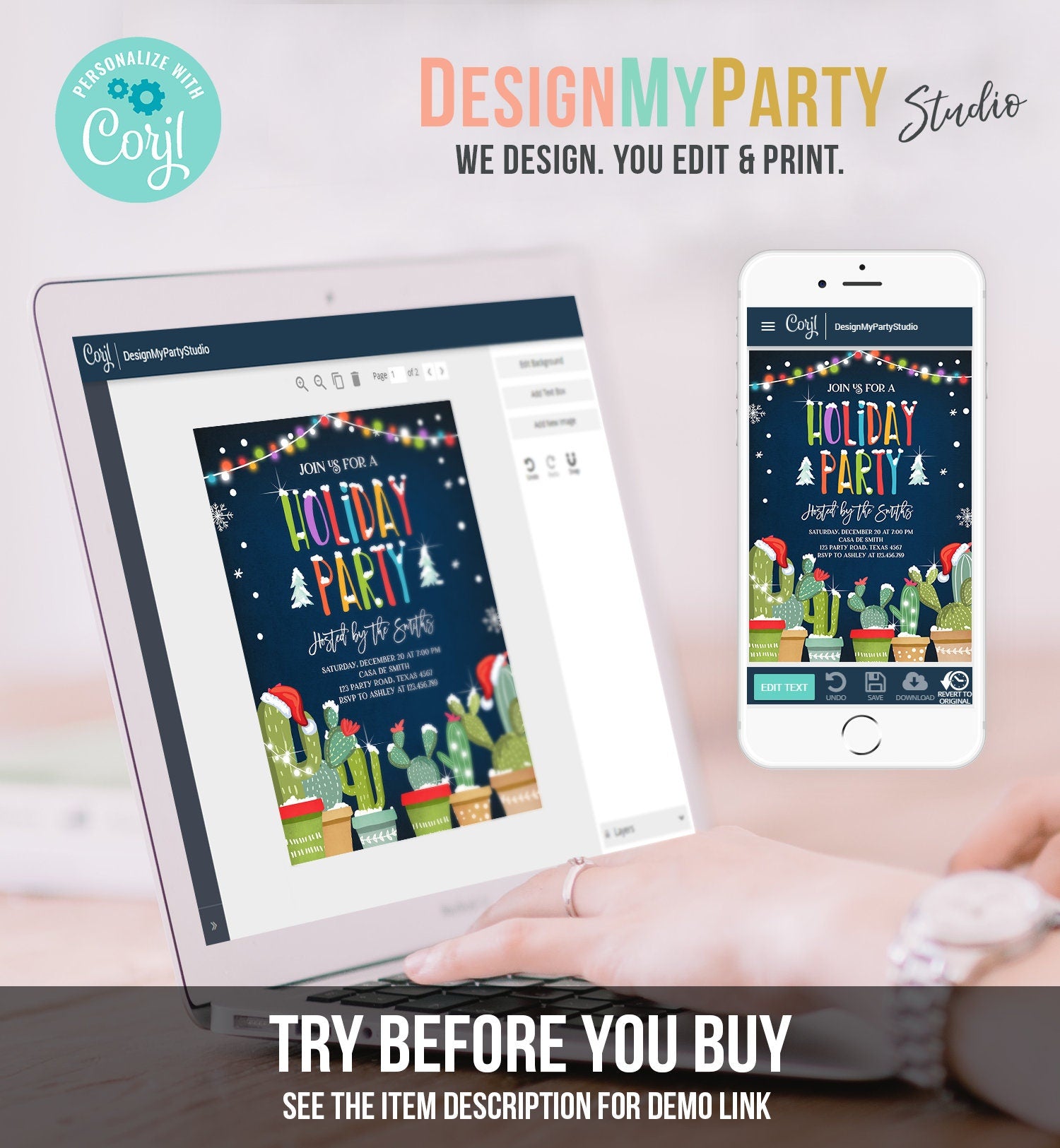 Editable Holiday Party Invitation Christmas Fiesta Cactus Mexican Holiday Feliz Navidad Xmas Party Digital Evite Template Printable 0273