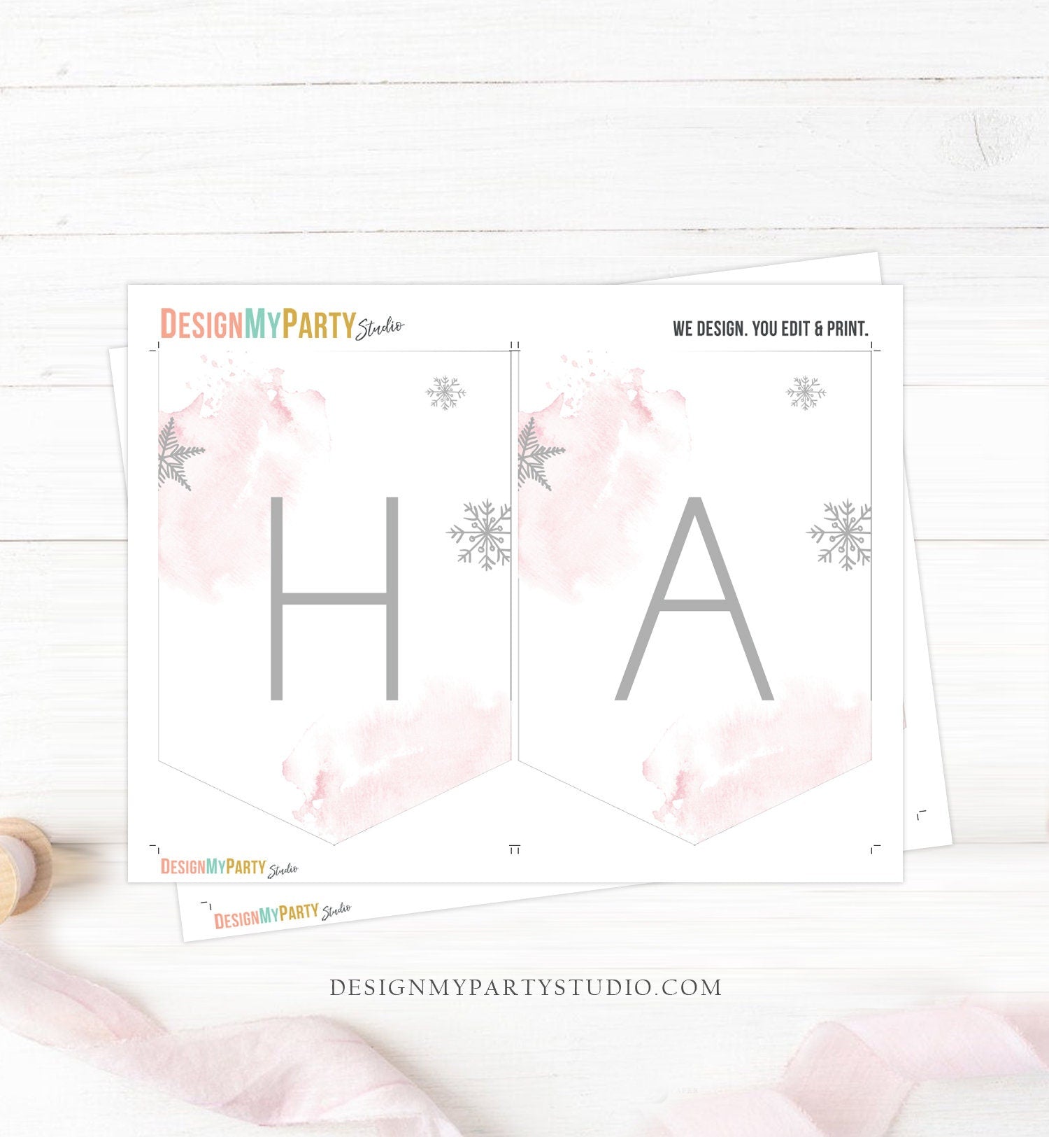 Happy Birthday Banner Winter Tree Birthday Girl Winter Onederland Magical Winter Christmas Silver Pink Digital Download Printable 0363
