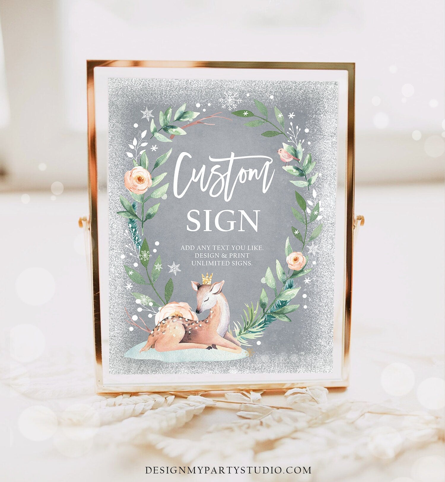 Editable Custom Sign Winter Deer First Birthday Baby Shower Sign Winter Onederland Cold Outside Pink Gold Digital Download Printable 0265